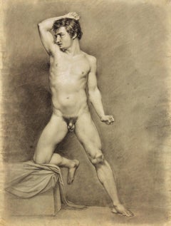 Biedermeier Period Academic Life Study Male Nude Half Kneeling Pose Circa 1826