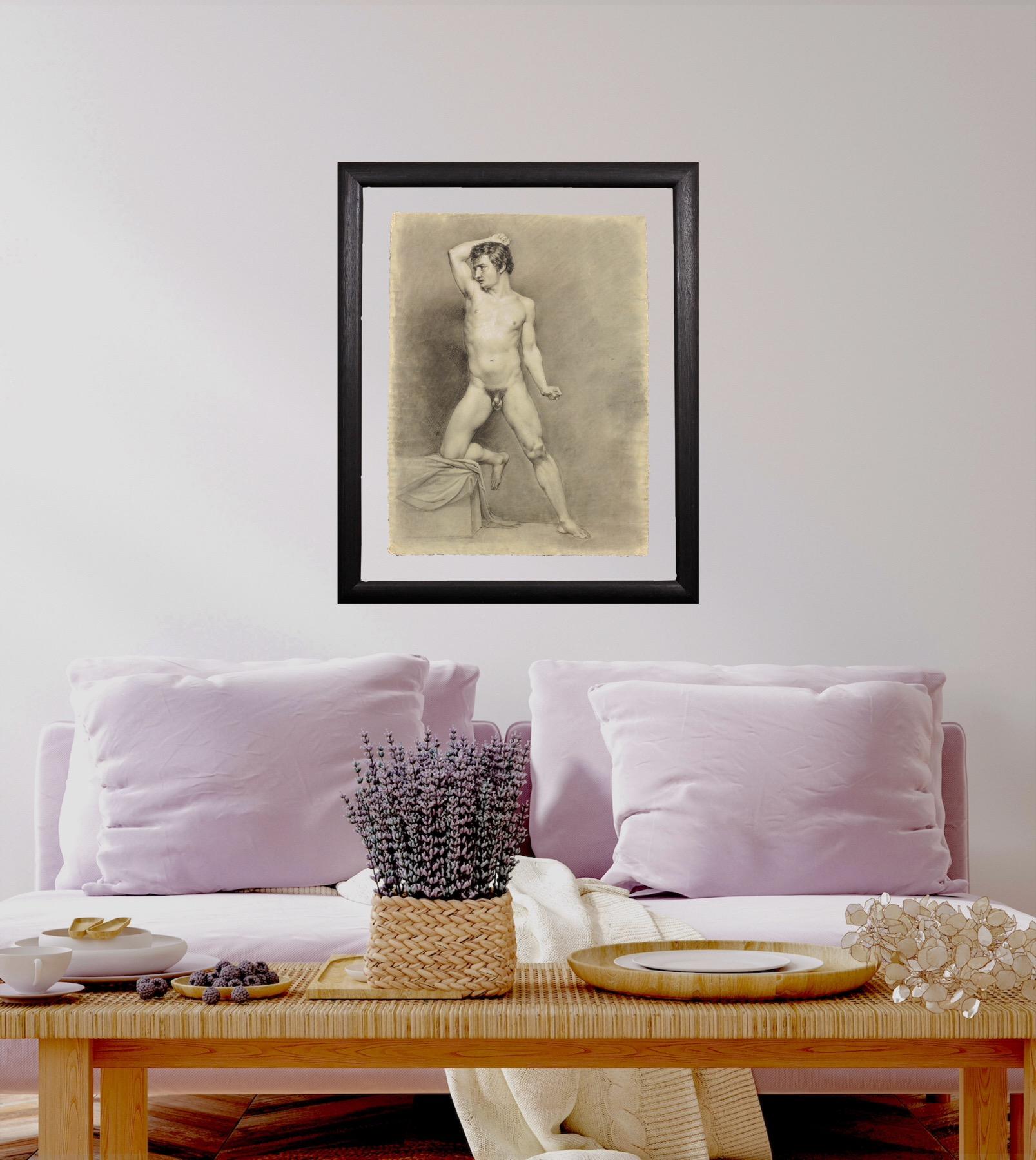 Pose de l'époque Biedermeier, étude de la vie universitaire, nu masculin demi agenouillé, vers 1826 en vente 5