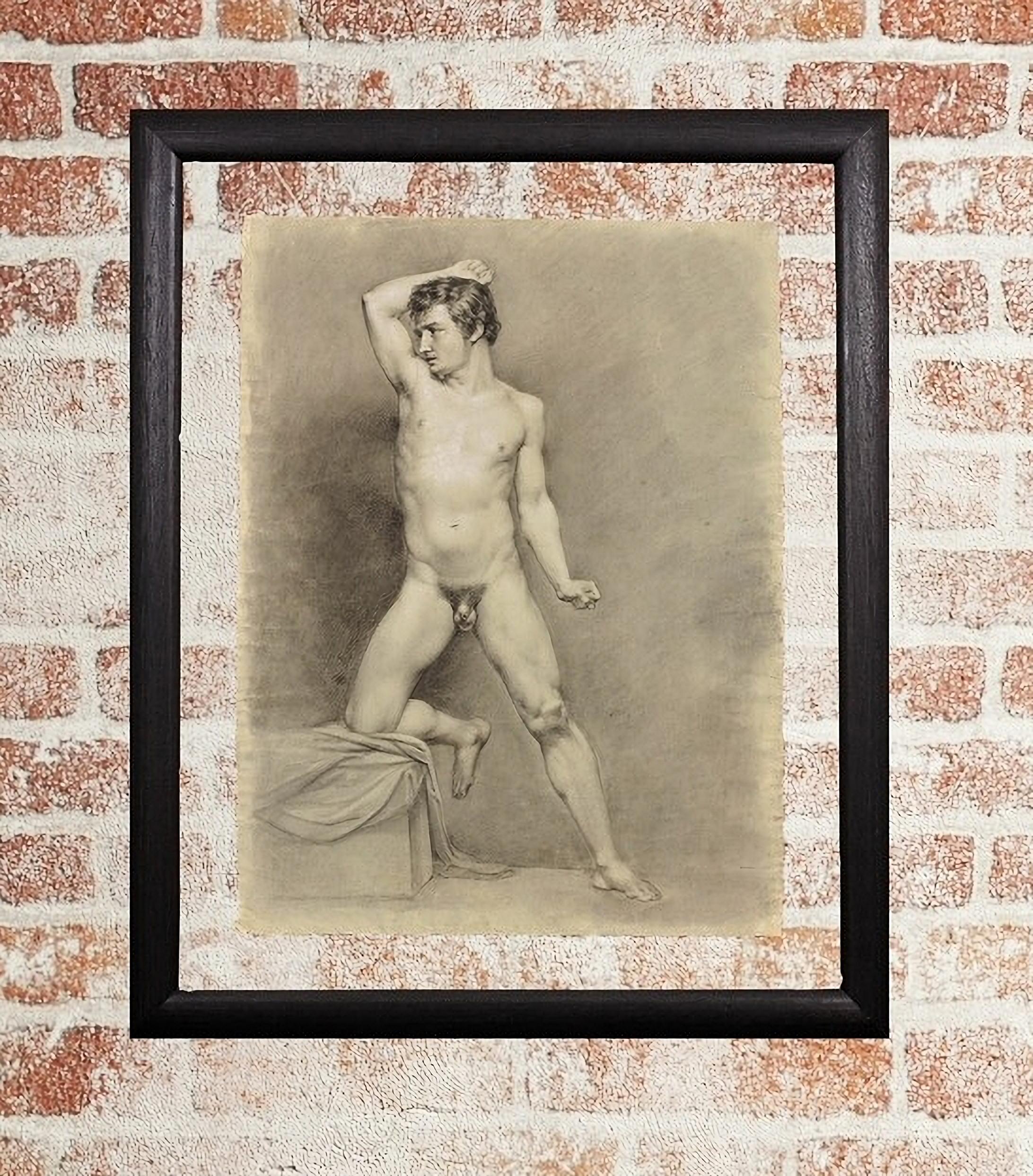 Pose de l'époque Biedermeier, étude de la vie universitaire, nu masculin demi agenouillé, vers 1826 en vente 12