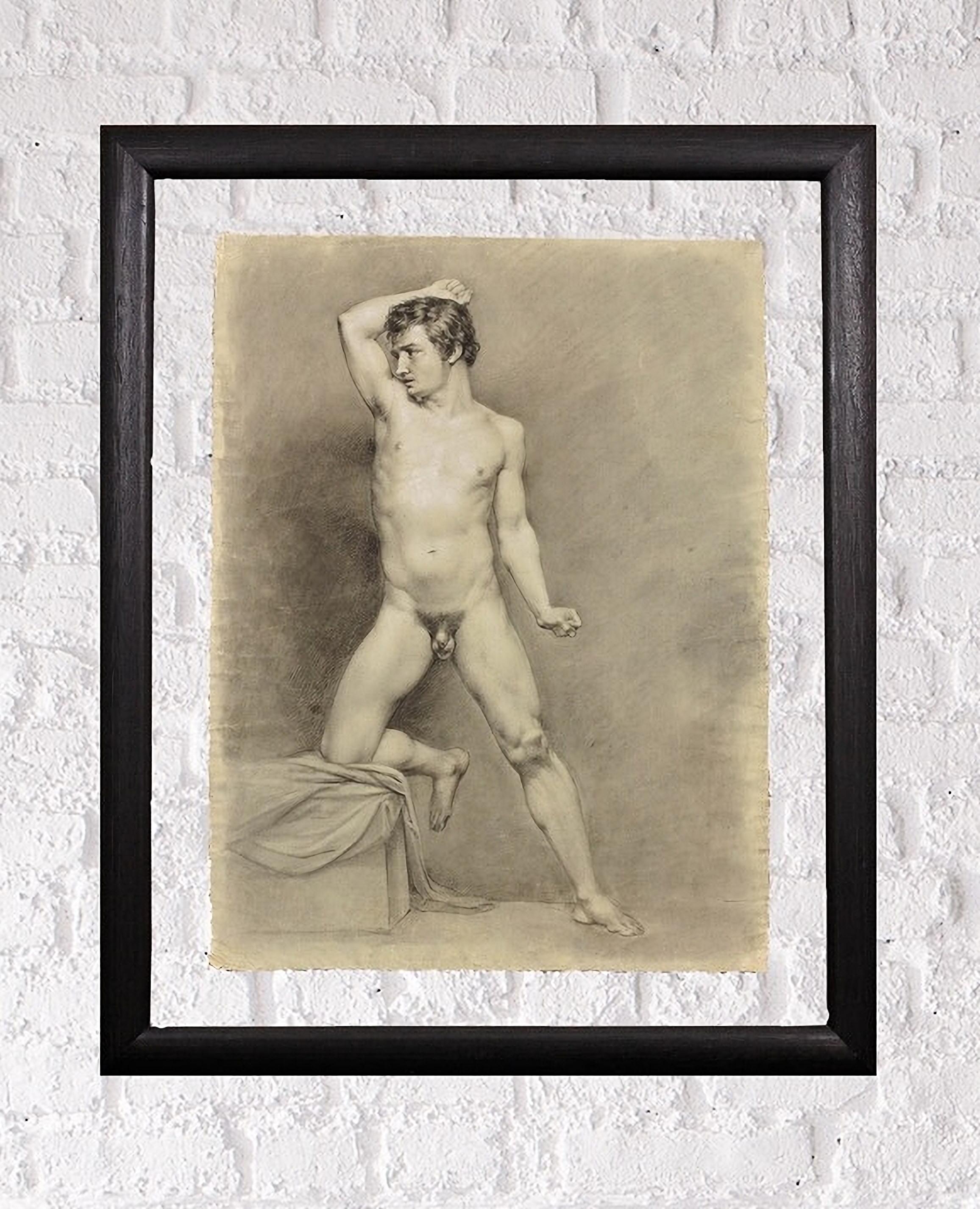 Pose de l'époque Biedermeier, étude de la vie universitaire, nu masculin demi agenouillé, vers 1826 en vente 13