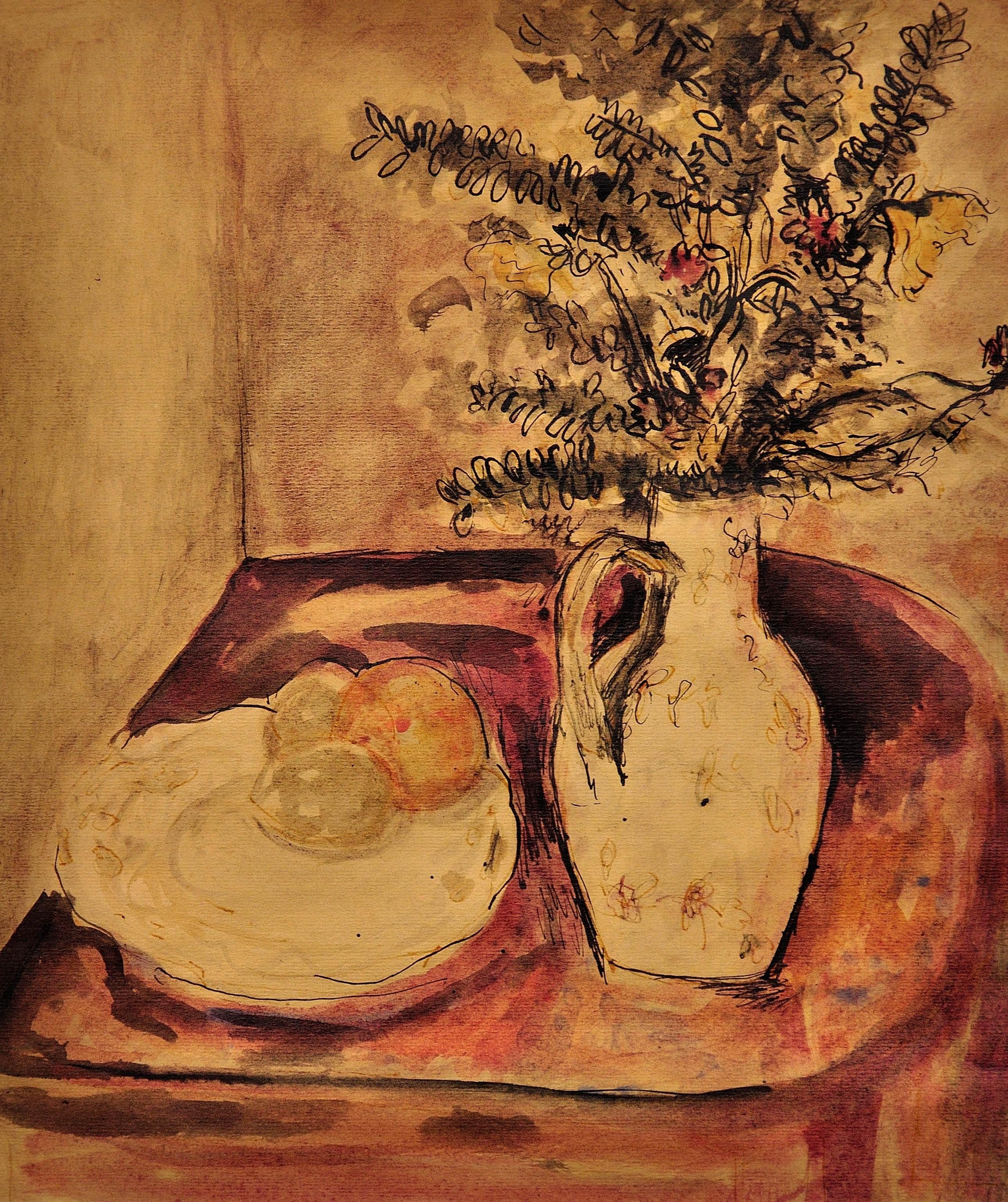 1940er Jahre Kriegs-Stillleben-Aquarellgemälde eines berühmten Keramik-Keramik-Skulpturenbildhauers – Art von James Tower