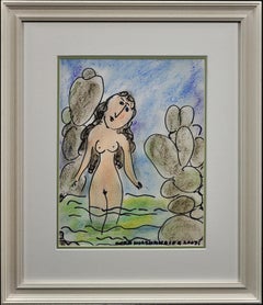 Signora nel mare Holzhandler, patrimonio ebraico polacco, disegno originale a pastello naif