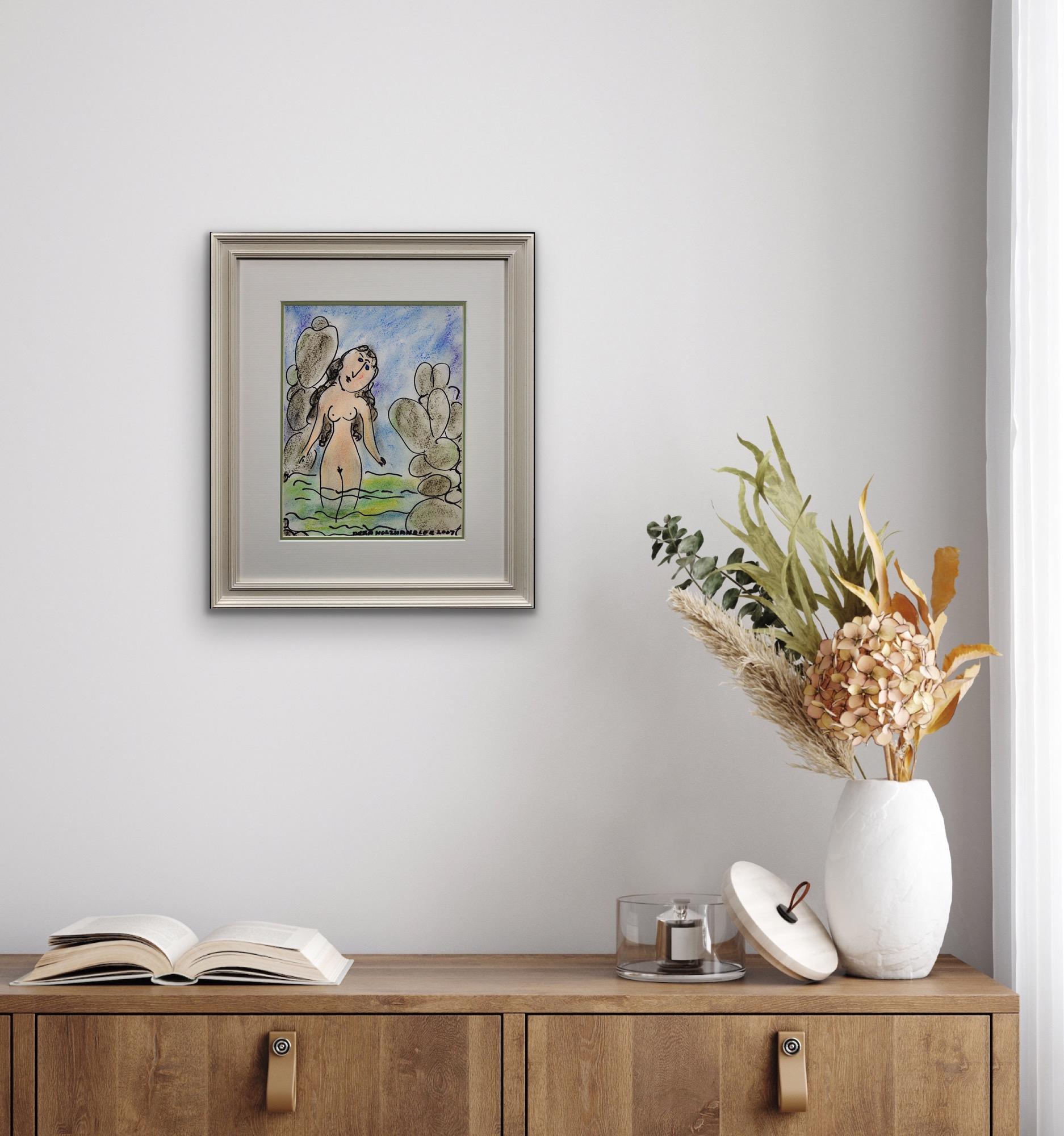 Signora nel mare Holzhandler, patrimonio ebraico polacco, disegno originale a pastello naif in vendita 11
