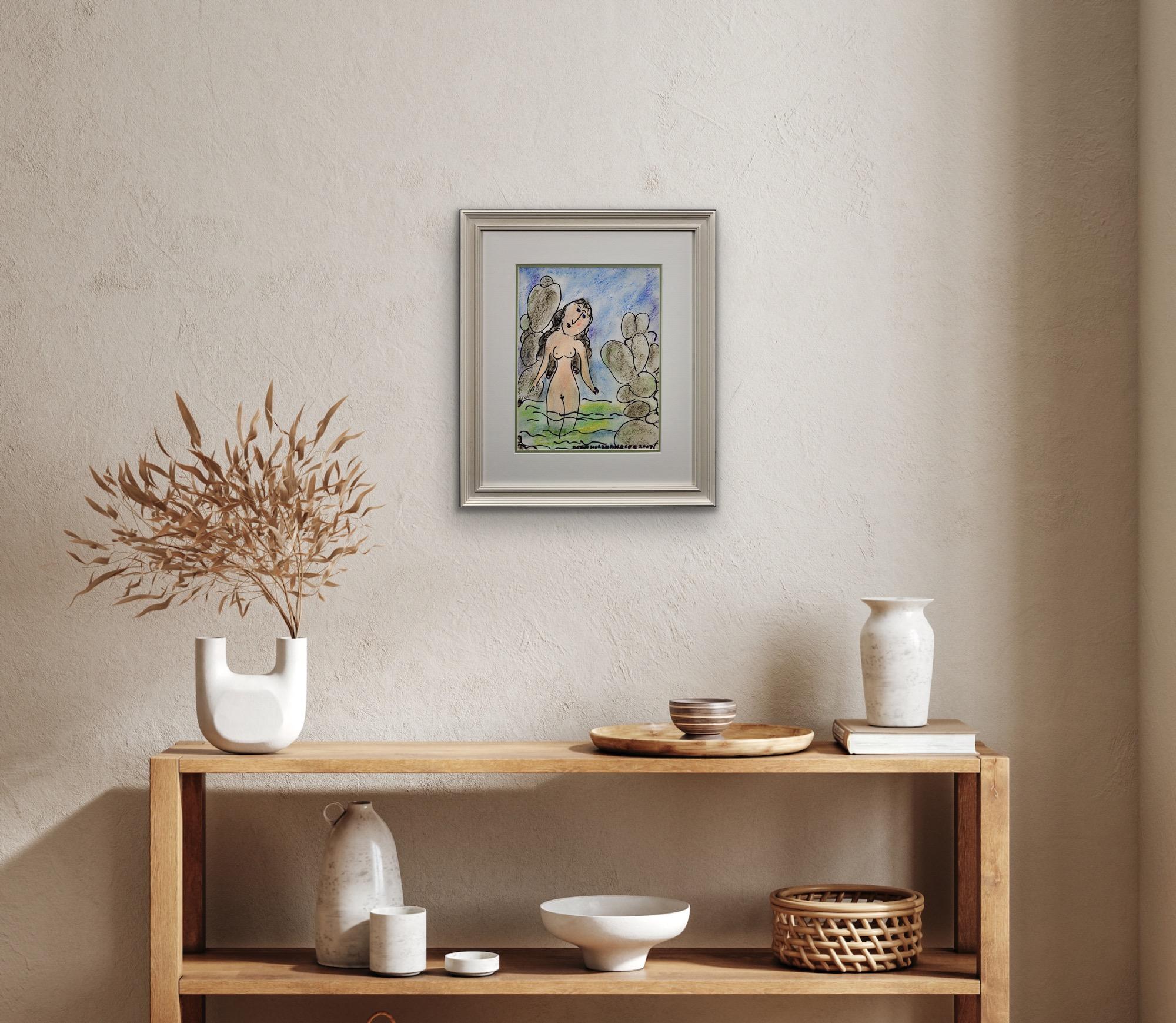 Signora nel mare Holzhandler, patrimonio ebraico polacco, disegno originale a pastello naif in vendita 9