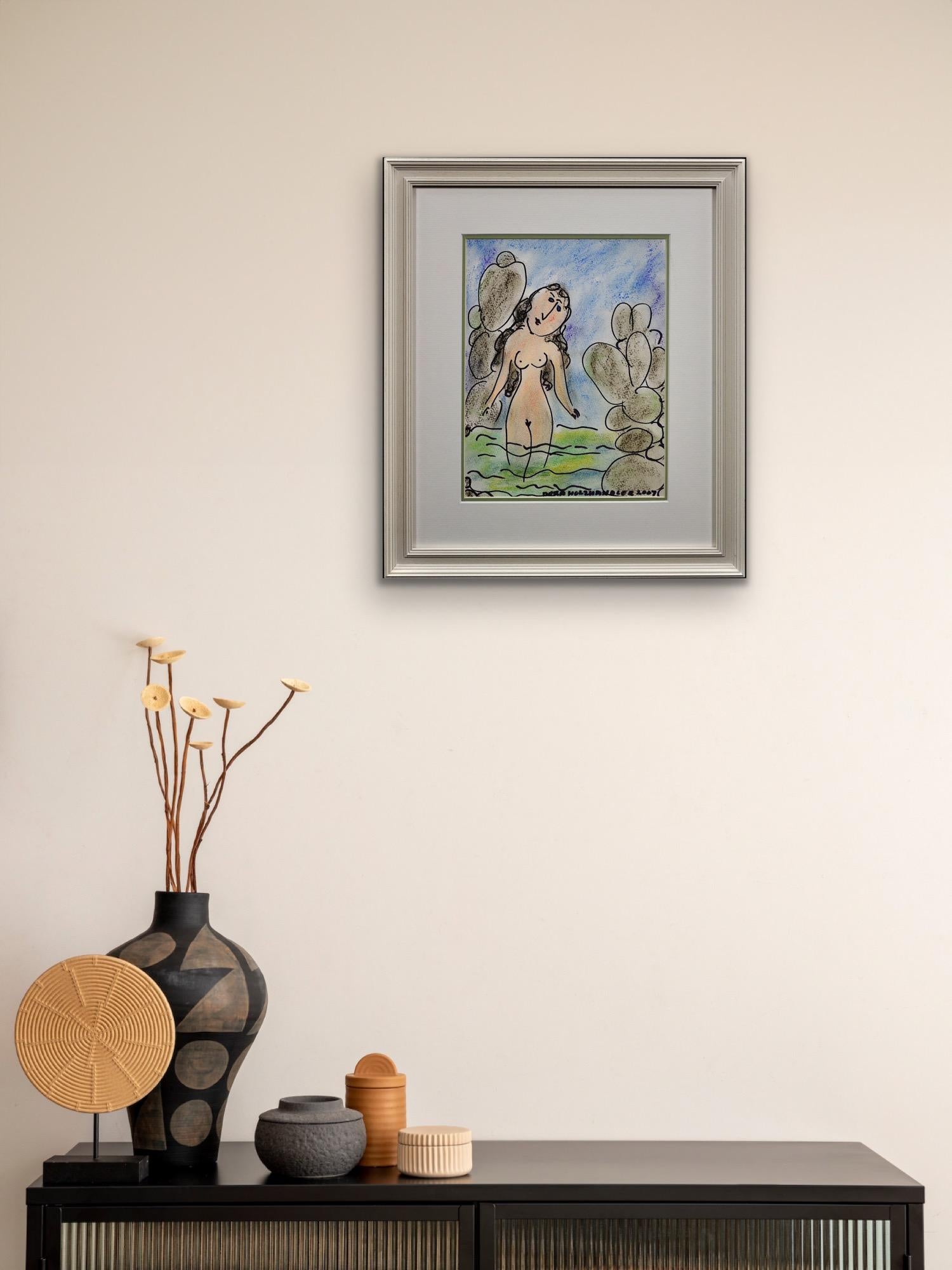 Signora nel mare Holzhandler, patrimonio ebraico polacco, disegno originale a pastello naif in vendita 13
