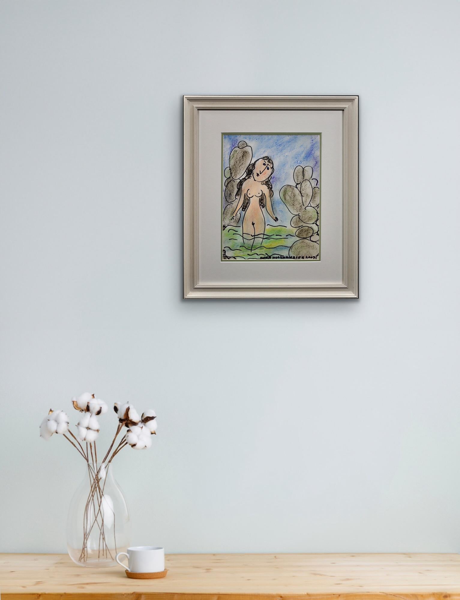 Signora nel mare Holzhandler, patrimonio ebraico polacco, disegno originale a pastello naif in vendita 12