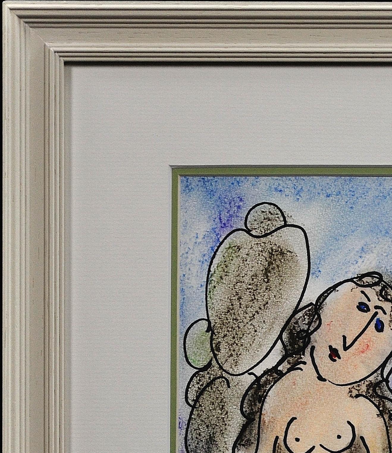 Signora nel mare Holzhandler, patrimonio ebraico polacco, disegno originale a pastello naif in vendita 15