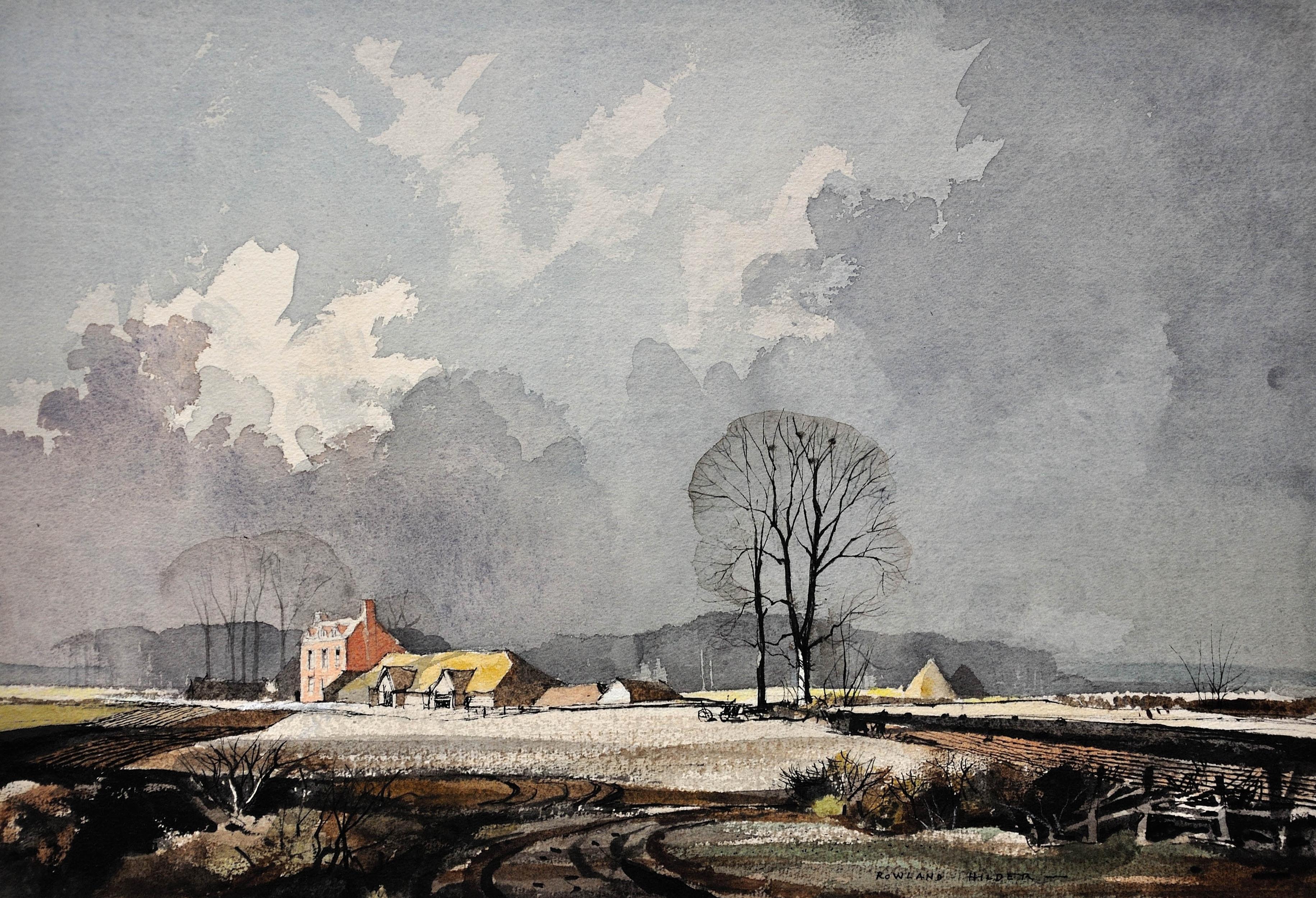La prima nevicata dell'inverno in una fattoria del Kent con cornice - Art di Rowland Hilder