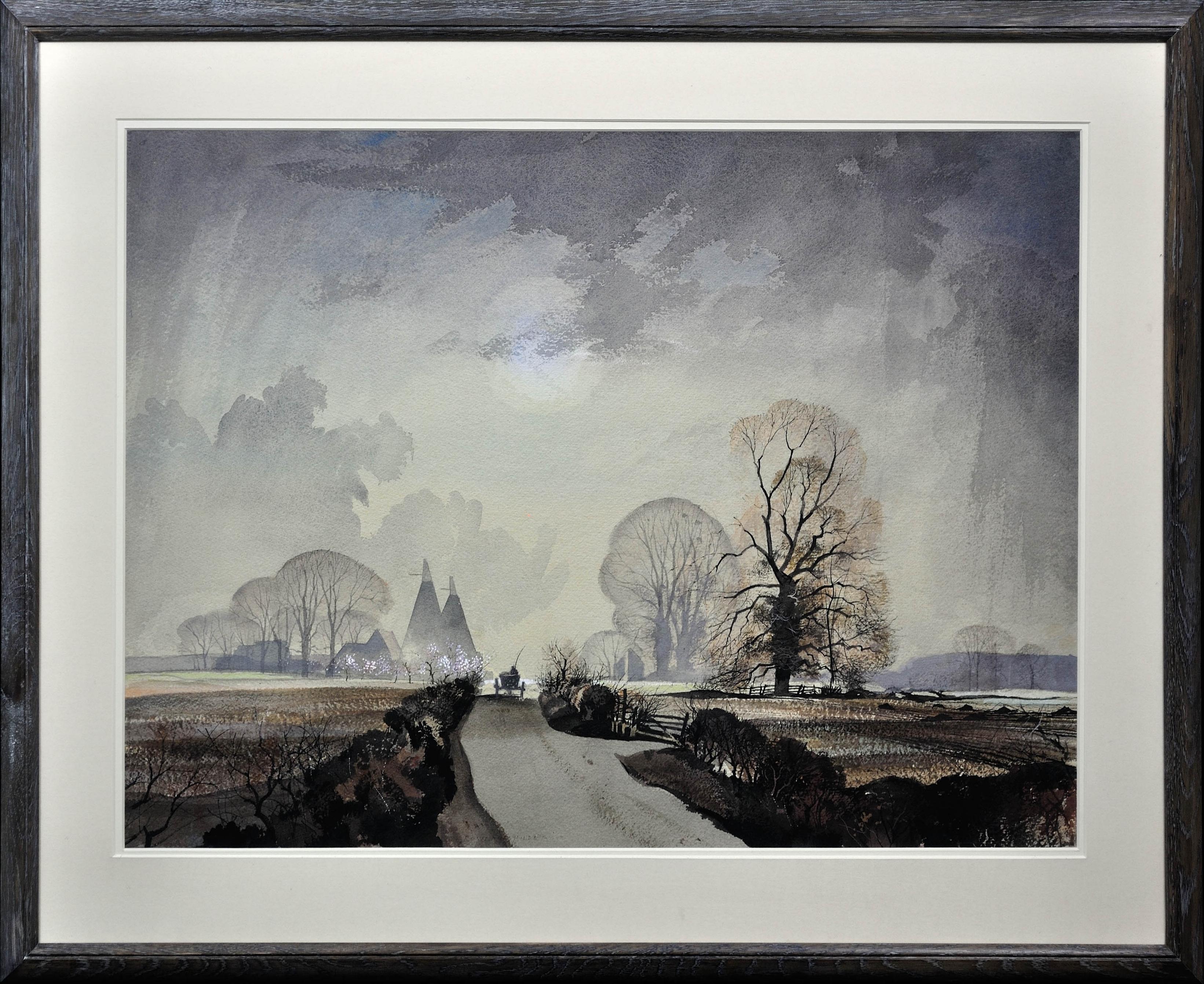 Rowland Hilder Landscape Art - The Weald Of Kent Oast Houses Elms Garden Of England Framed Watercolor Painting