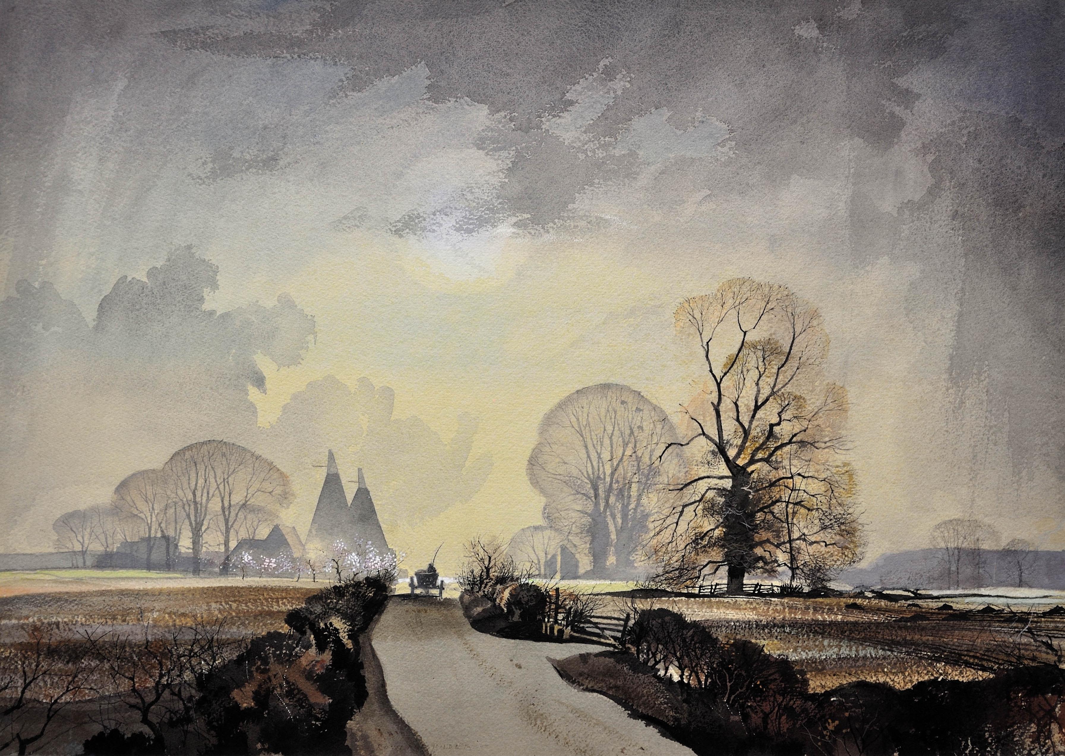 The Weald Of Kent Oast Houses Elms Garden Of England Framed Watercolor Painting - Art by Rowland Hilder