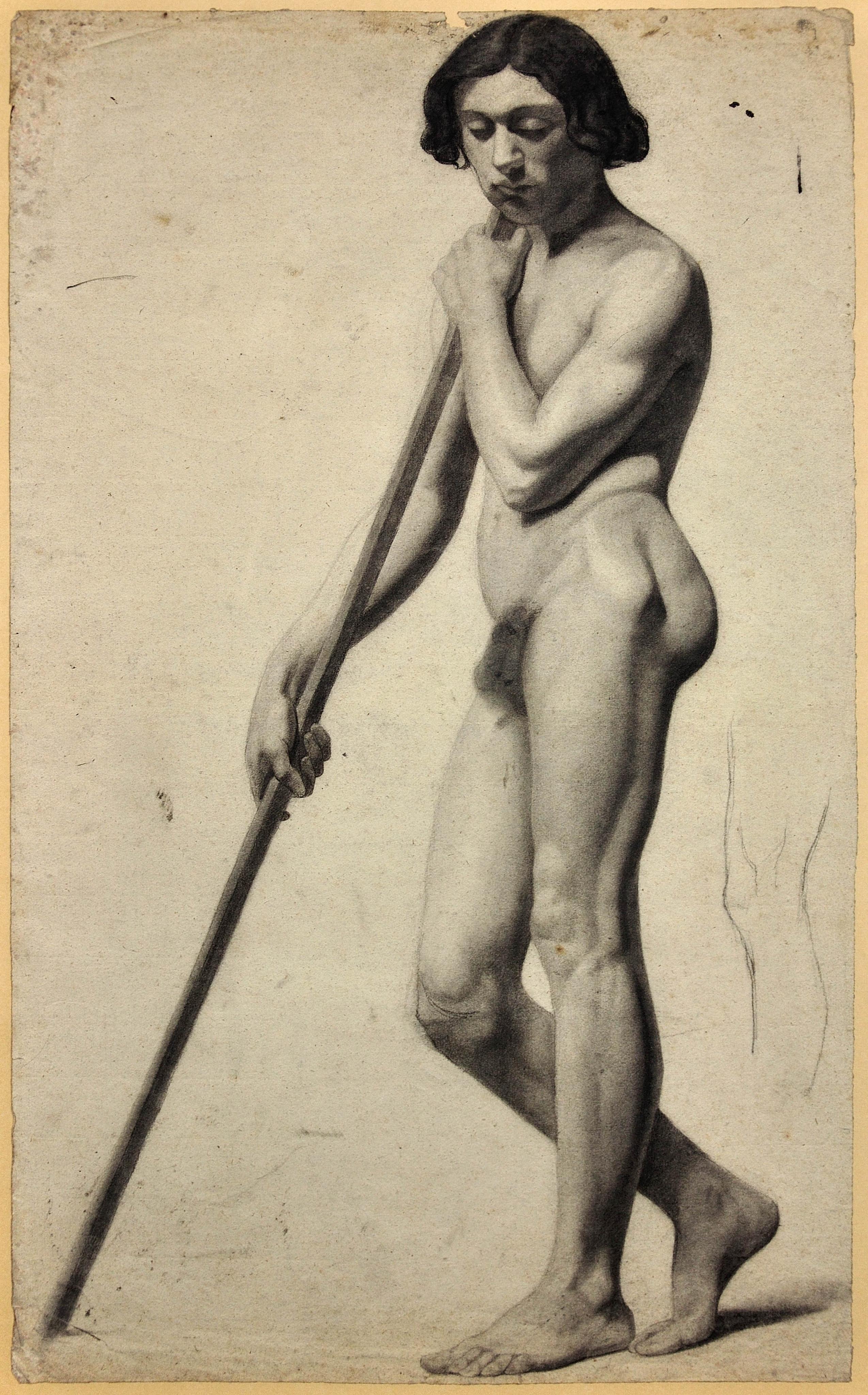 Drölling Student Academic Life Study of a Male Nude Encadré 1840s French Drawing - Académique Art par Henry Arthur Roberts
