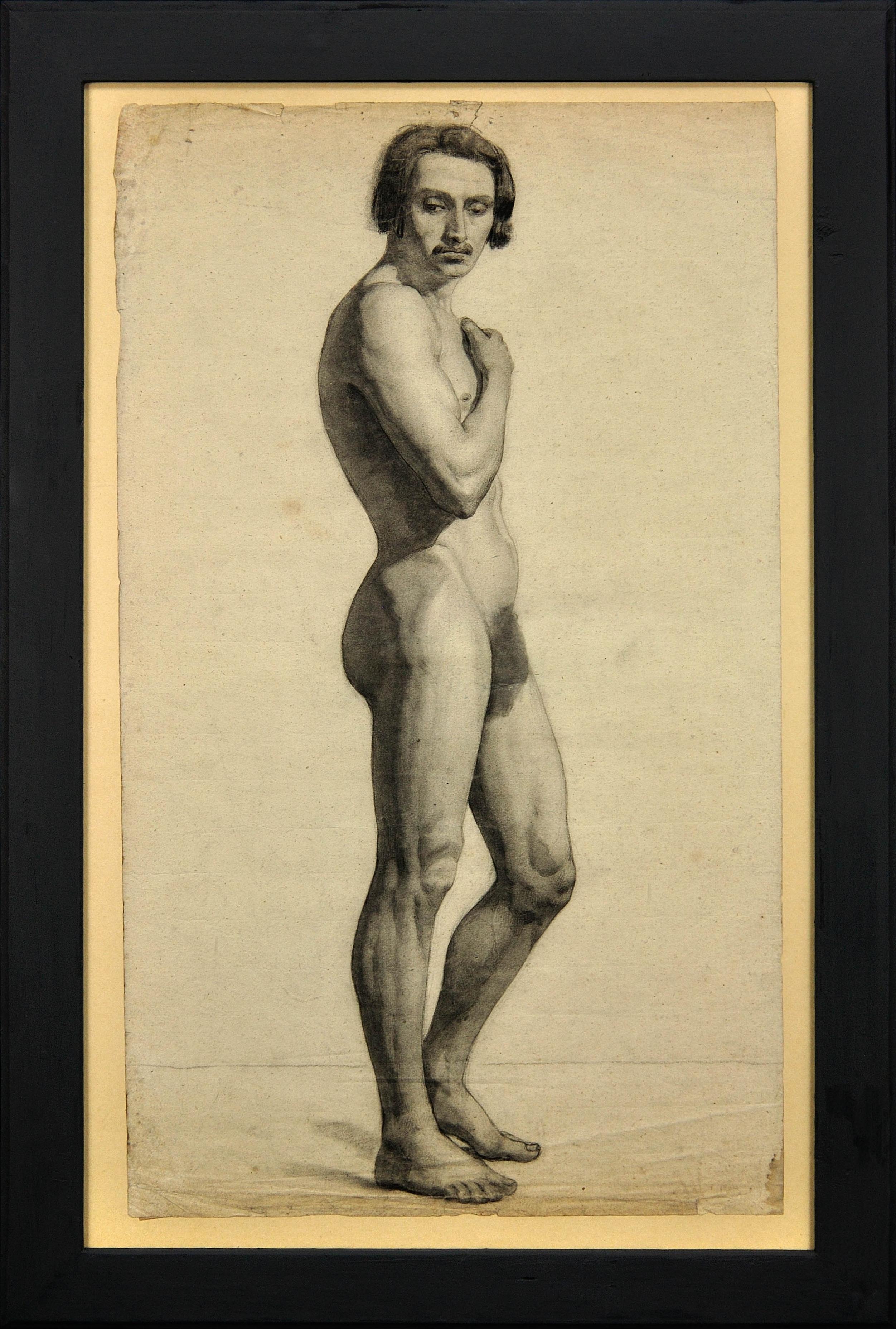 Akademische Studie eines männlichen Akts, gerahmt, Französische Zeichnung der Präsecond Republic, 1840er Jahre
