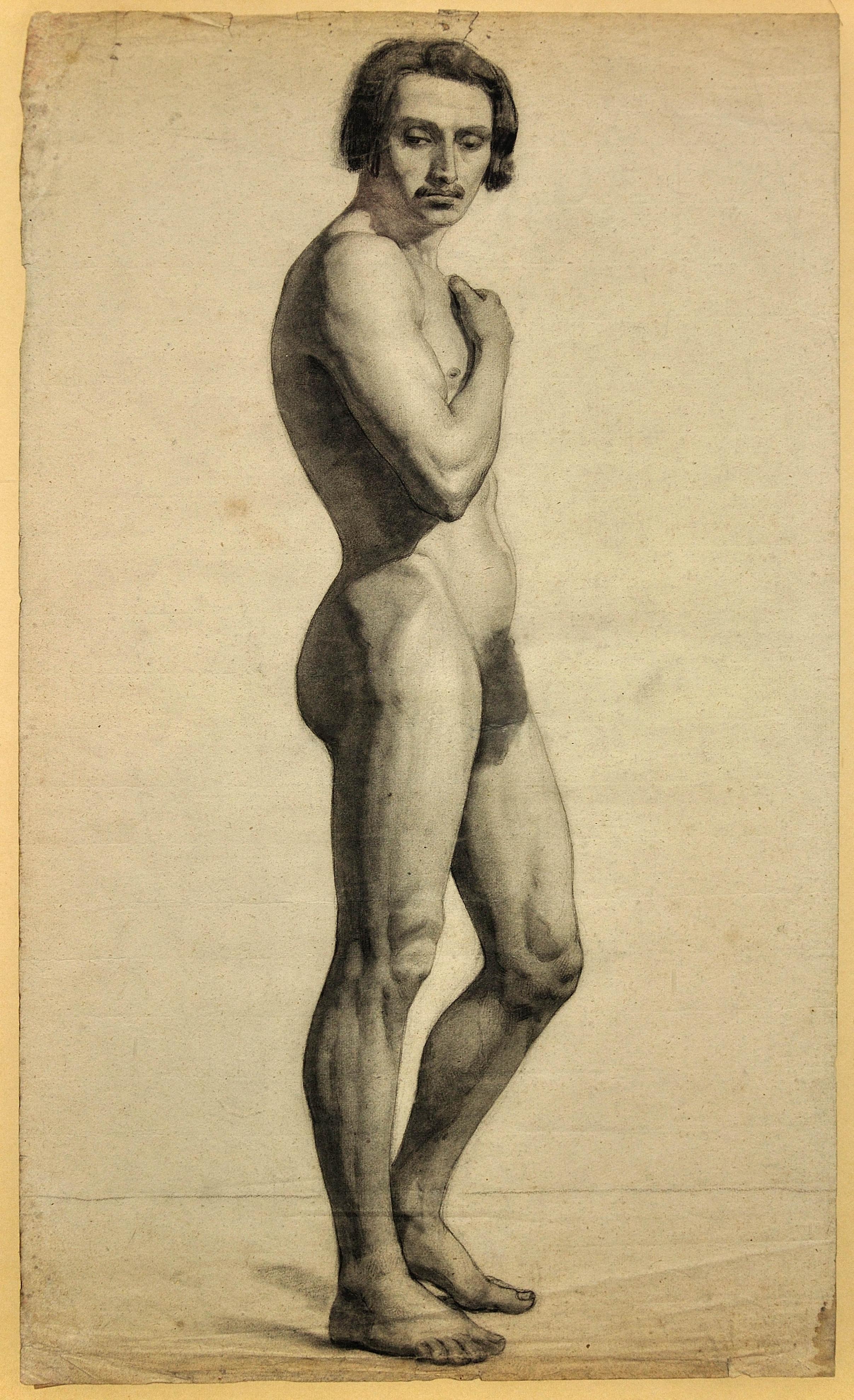 Akademische Studie eines männlichen Akts, gerahmt, Französische Zeichnung der Präsecond Republic, 1840er Jahre – Art von Henry Arthur Roberts