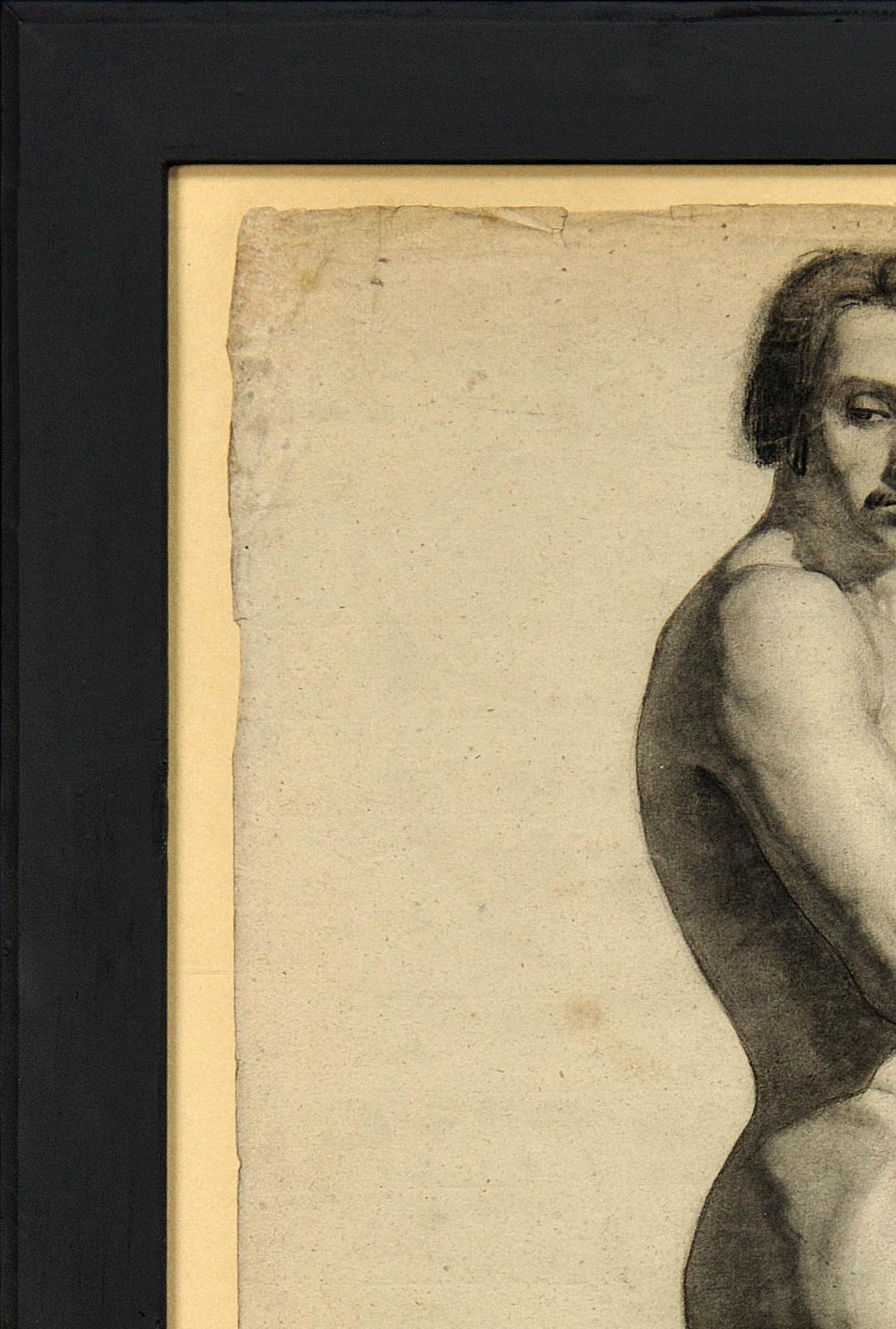 Akademische Studie eines männlichen Akts, gerahmt, Französische Zeichnung der Präsecond Republic, 1840er Jahre im Angebot 16