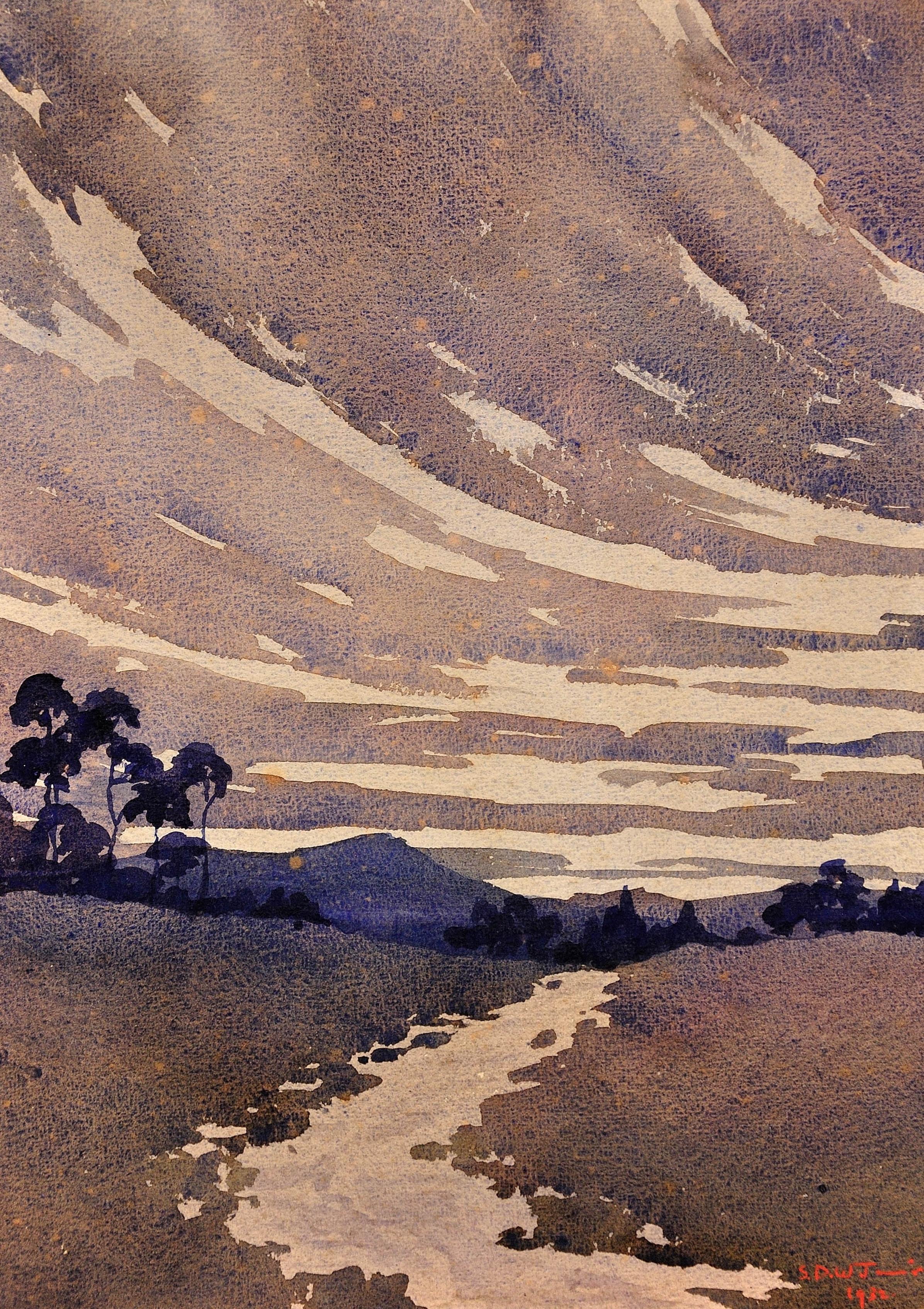 Acquerello Art Deco Un ruscello che scorre nel paesaggio delle Marche gallesi - Landscape Art Marrone di Samuel Dennis Walley Timmins