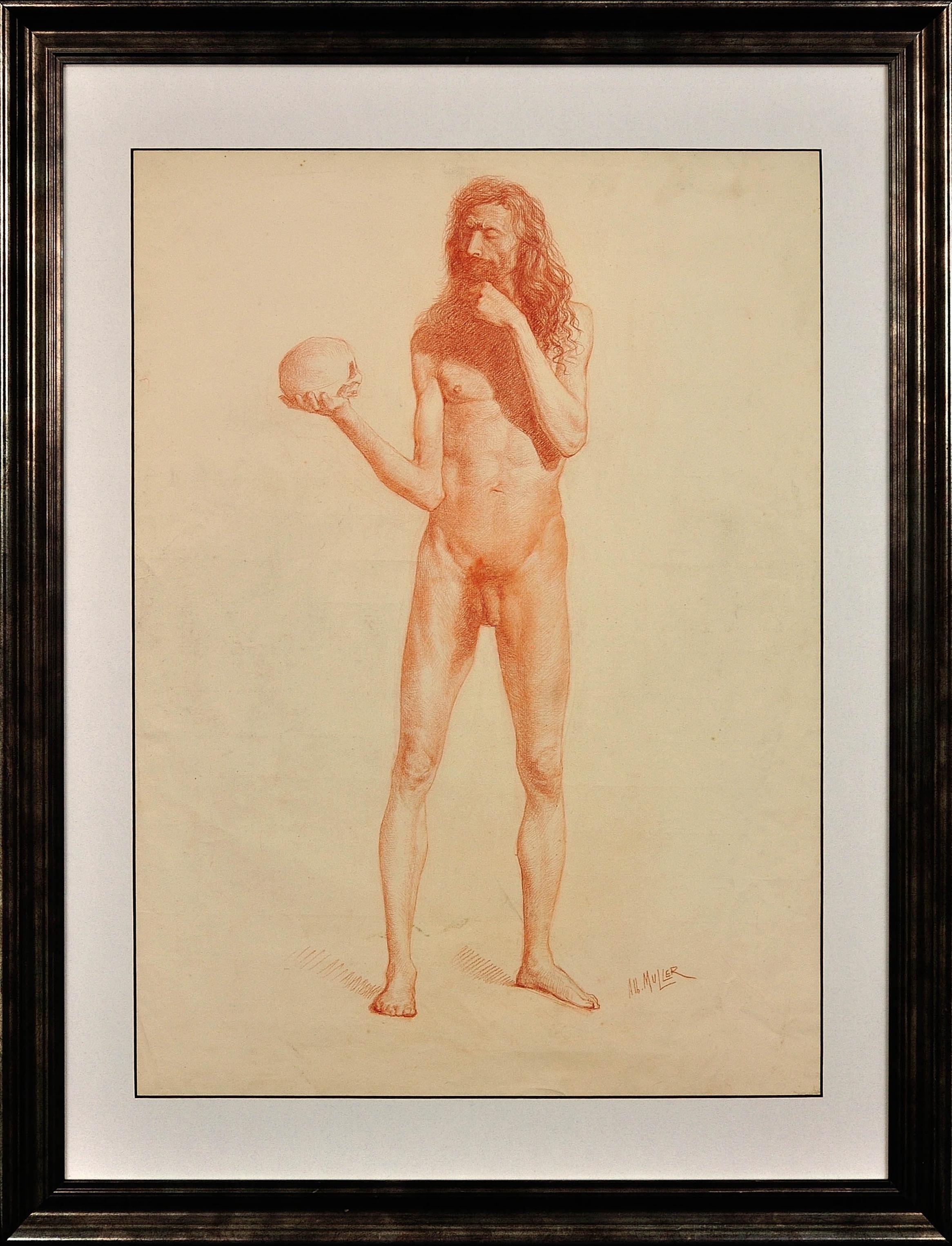 Nude di Unknown - Studio di vita accademico Vanitas della metà del XIX secolo Nudo maschile che porta un teschio