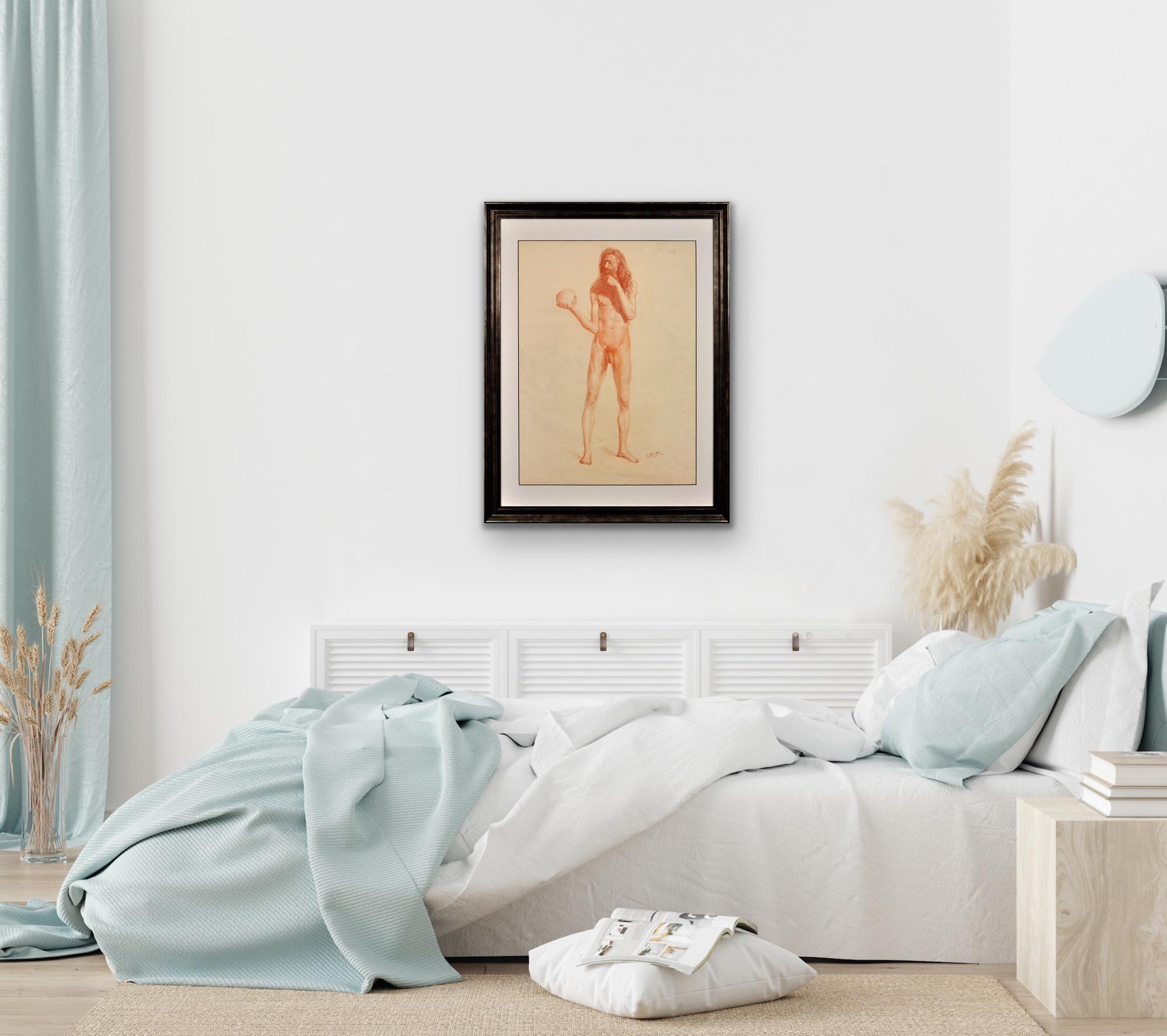 Studio di vita accademico Vanitas della metà del XIX secolo Nudo maschile che porta un teschio in vendita 10