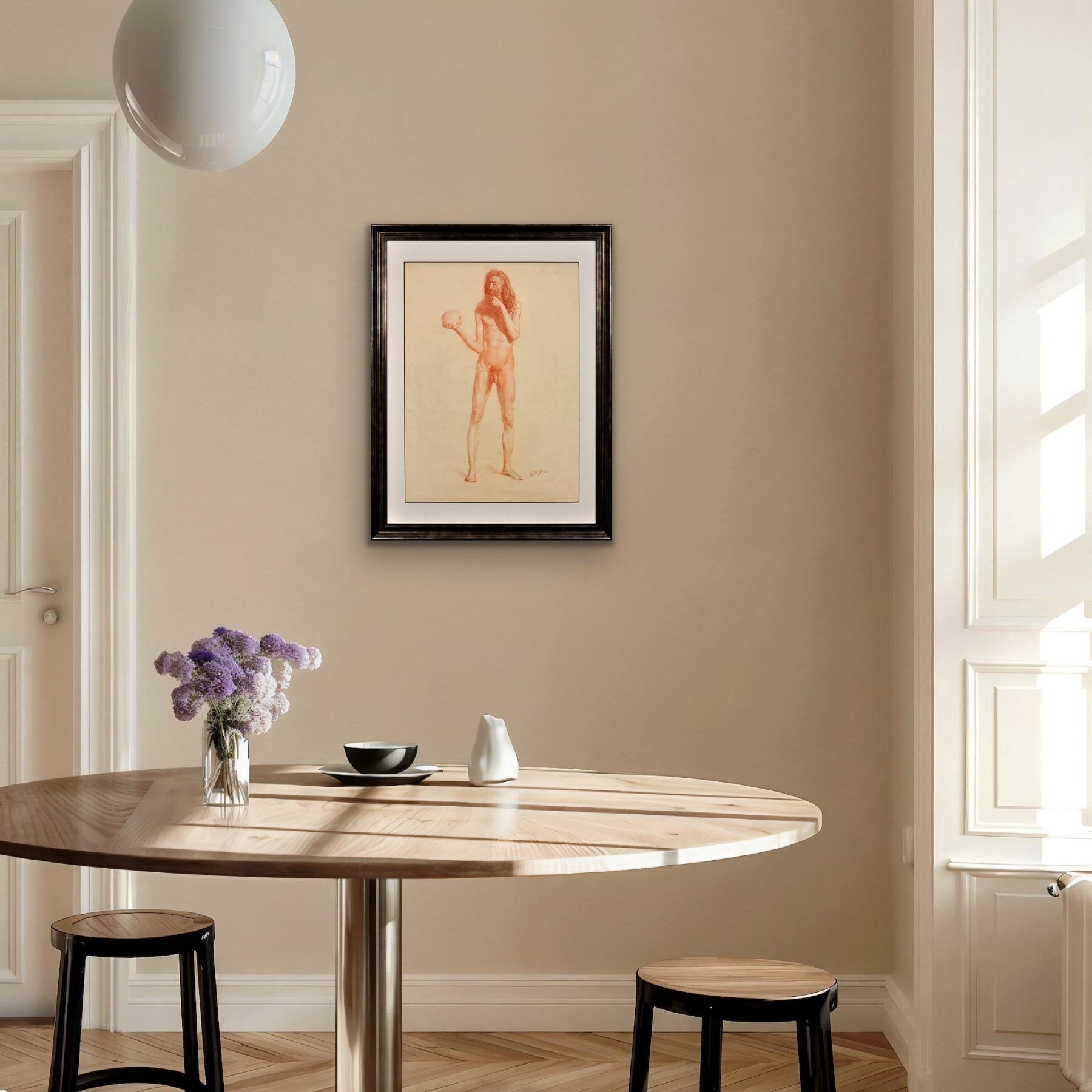 Studio di vita accademico Vanitas della metà del XIX secolo Nudo maschile che porta un teschio in vendita 13