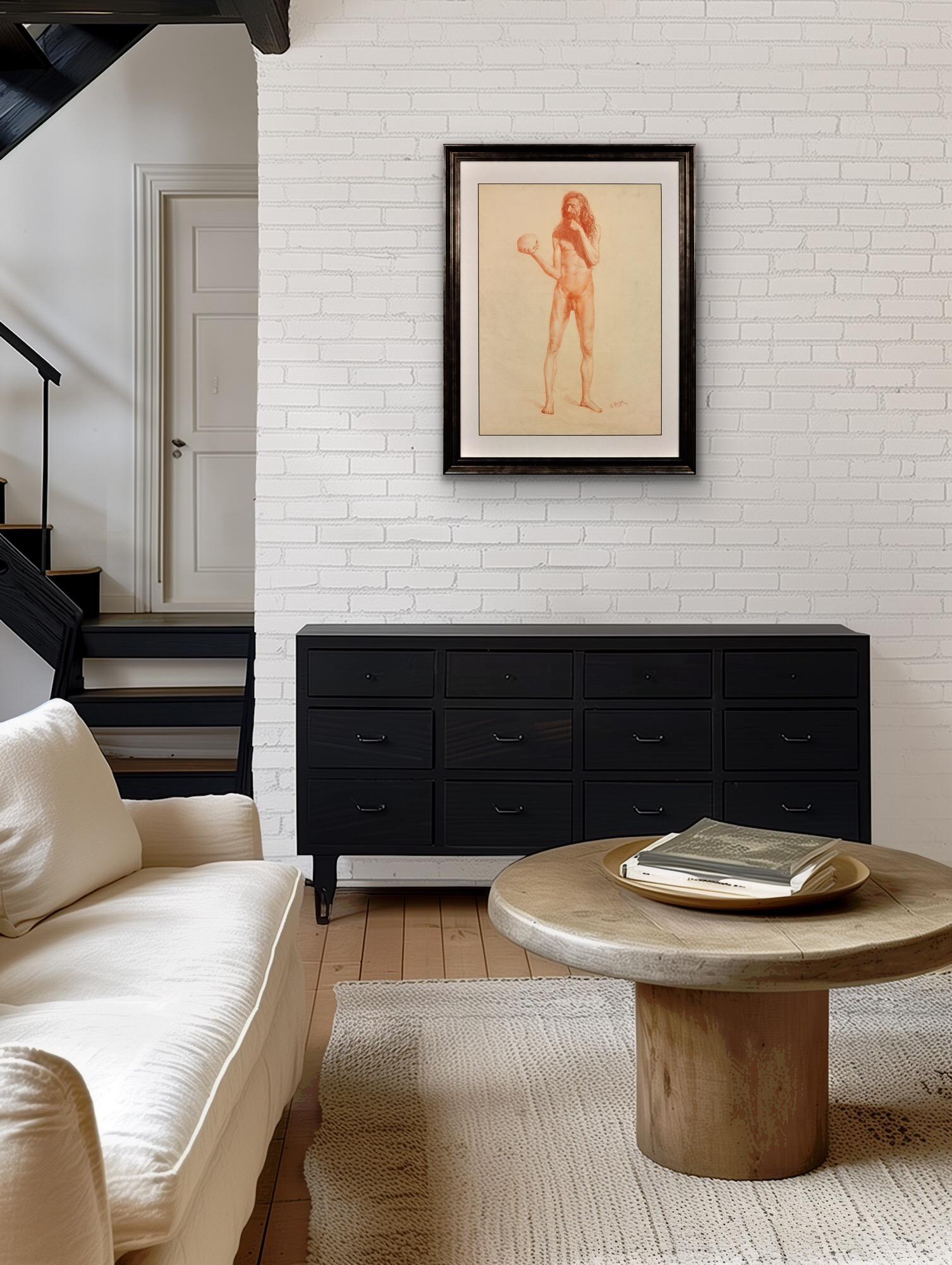 Studio di vita accademico Vanitas della metà del XIX secolo Nudo maschile che porta un teschio in vendita 1