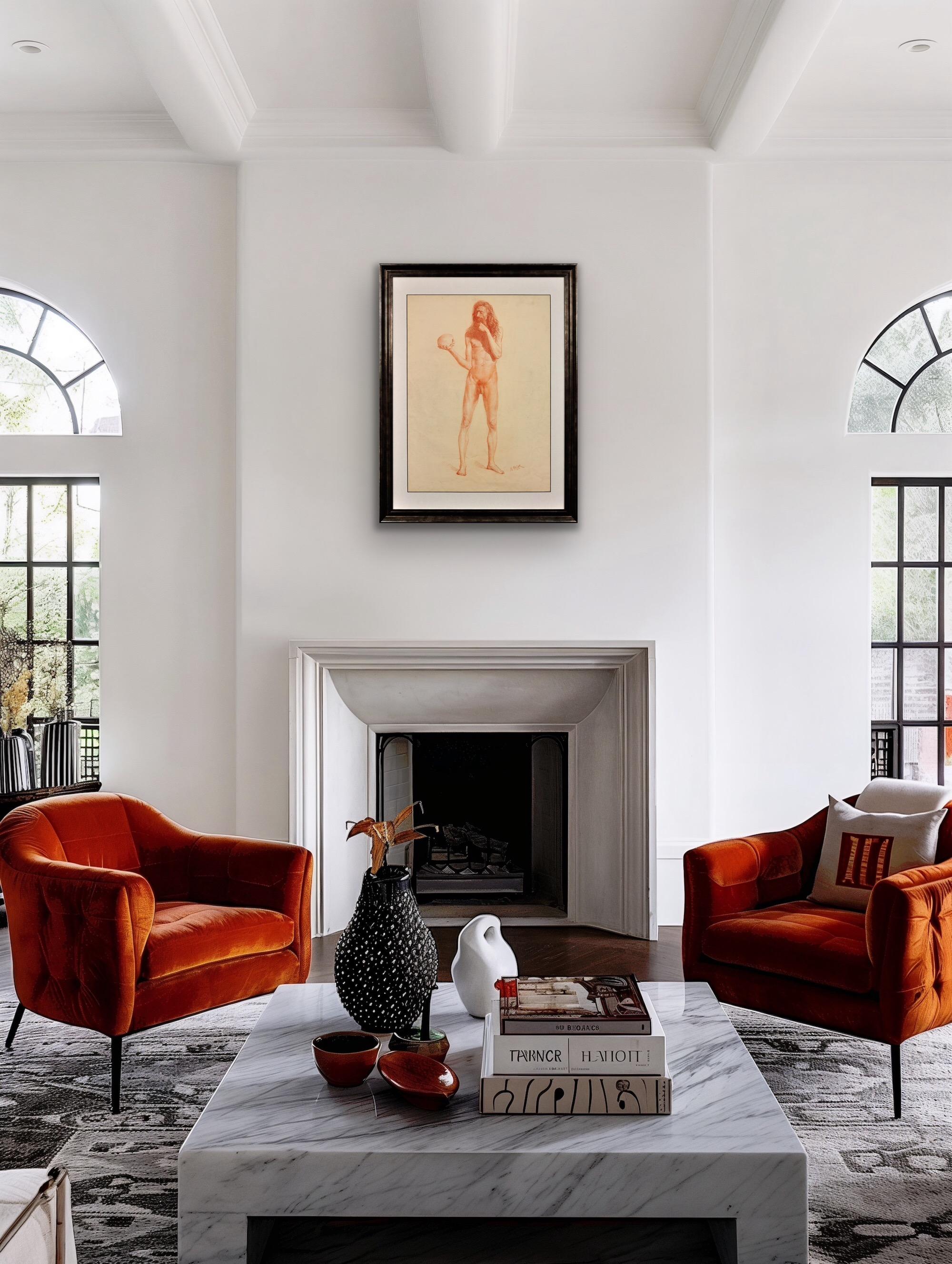 Alb. I. Muller.
Tedesco della metà del XIX secolo.
Vanitas - Studio accademico dal vero di un nudo maschile che porta un teschio.
Gesso rosso su carta.
Firmato in basso a destra.
Formato carta 23,8 pollici x 16,9 pollici (60,5 cm x 43