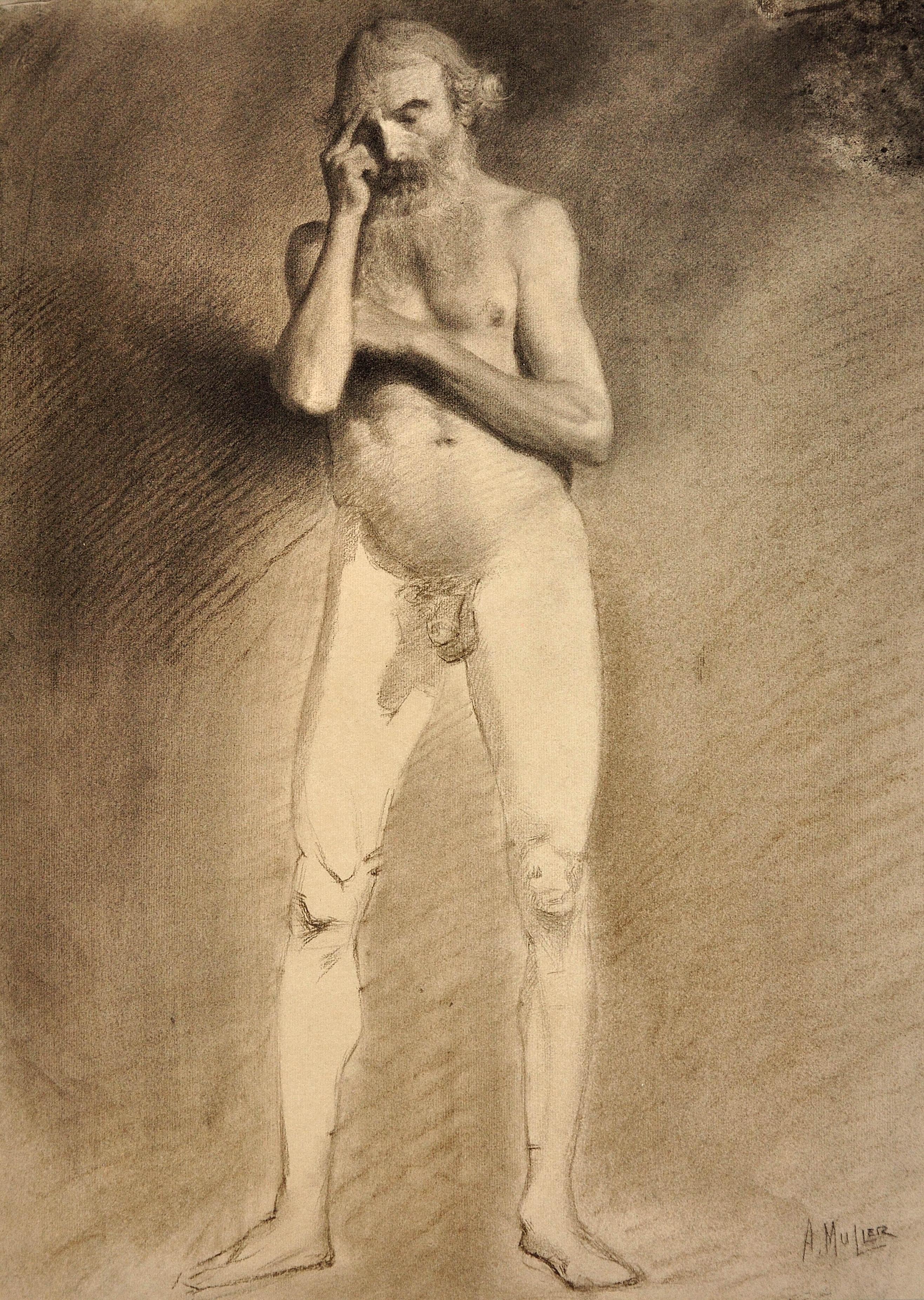 Étude de vie académique du milieu du 19e siècle Nu masculin Dessin au graphite - Art de Unknown