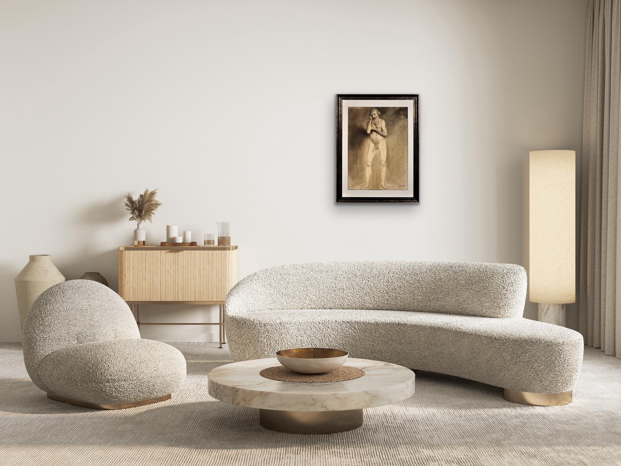 Alb. Muller.
Allemagne, milieu du 19e siècle.
Étude de vie académique d'un homme debout et nu.
Crayon et fusain sur papier.
Signé en bas à droite.
Taille du papier 23.8 pouces x 17.1 pouces (60.5cm x 43.5cm).
Dimensions du cadre 31,3 pouces x 23,8