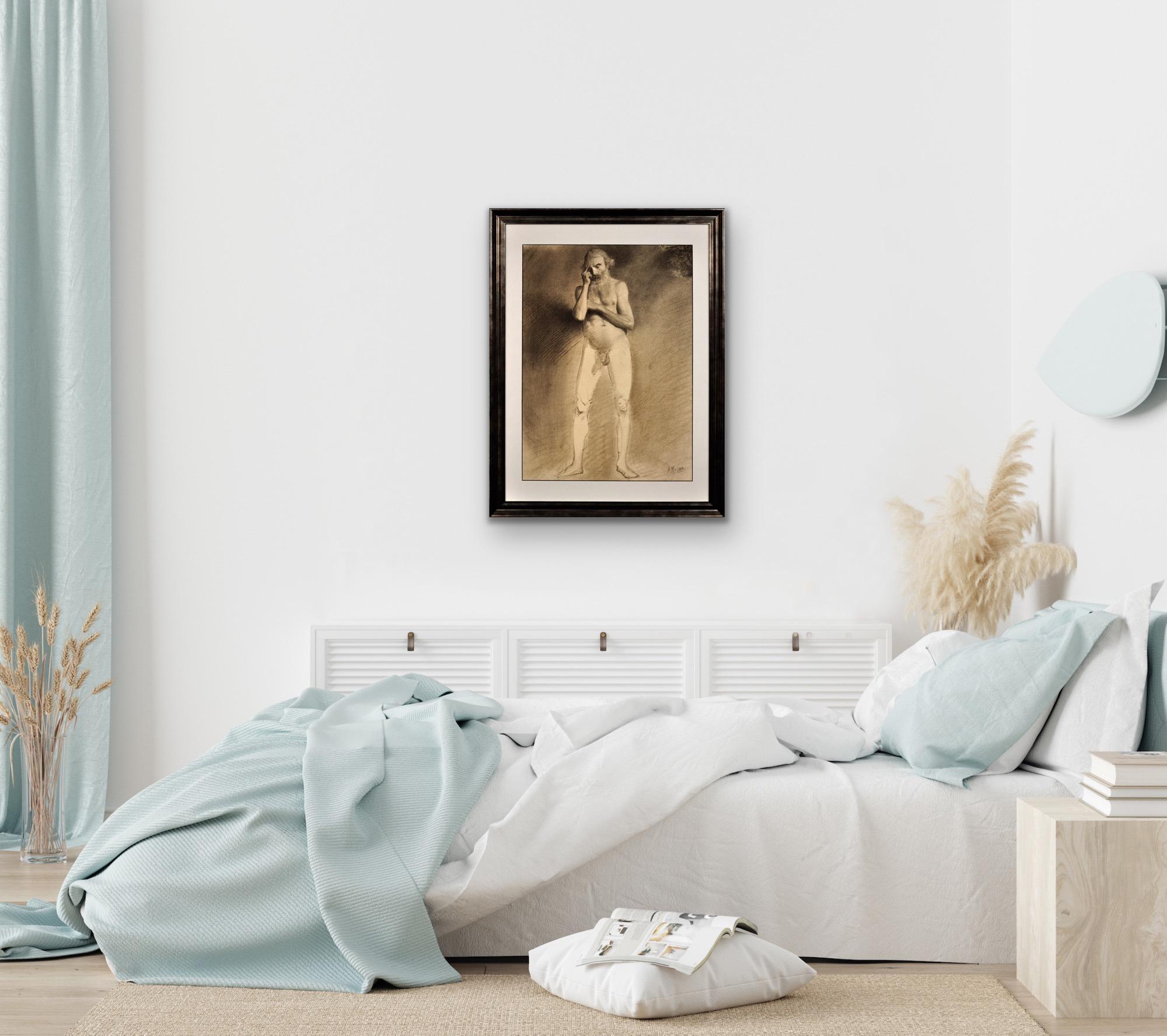 Étude de vie académique du milieu du 19e siècle Nu masculin Dessin au graphite en vente 8