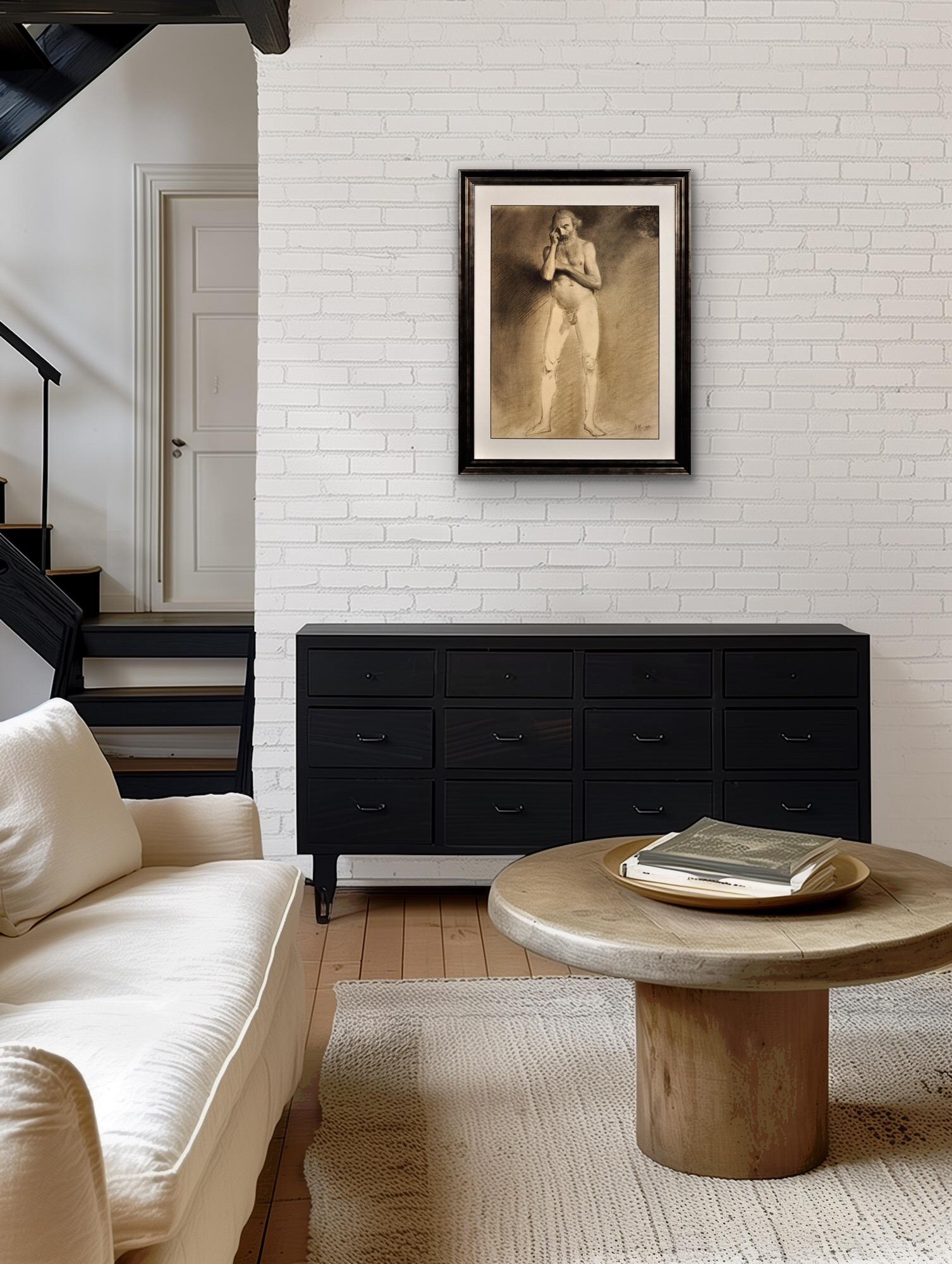 Étude de vie académique du milieu du 19e siècle Nu masculin Dessin au graphite en vente 12