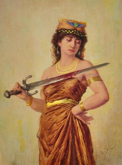 Salome Bloodied Sword Femme Fatale 1860s Original French Orientalist Watercolor