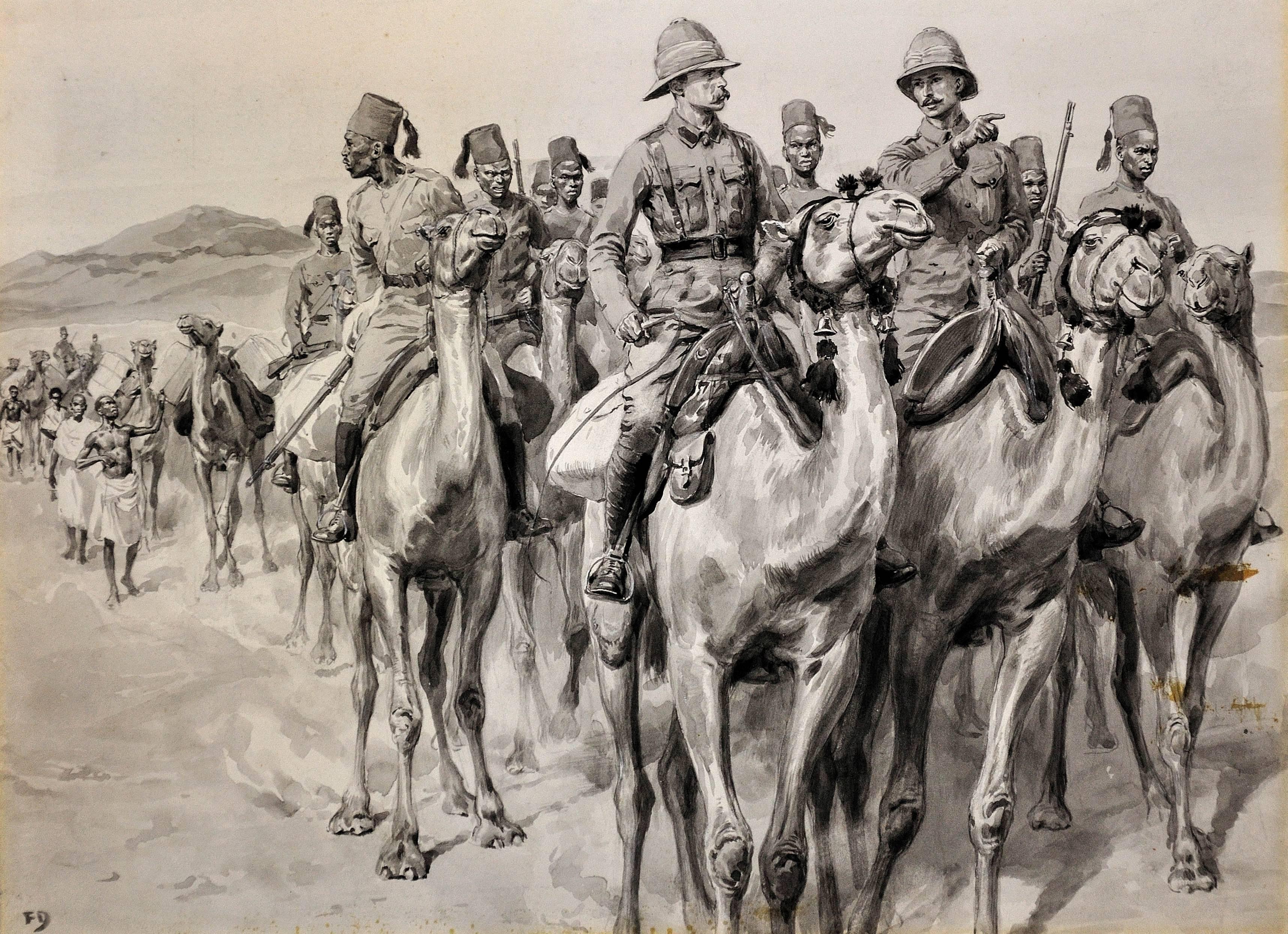 Frank Dadd Animal Art - British Army Camel Corps, Sudan, North Africa. Original En Grisaille Watercolor.