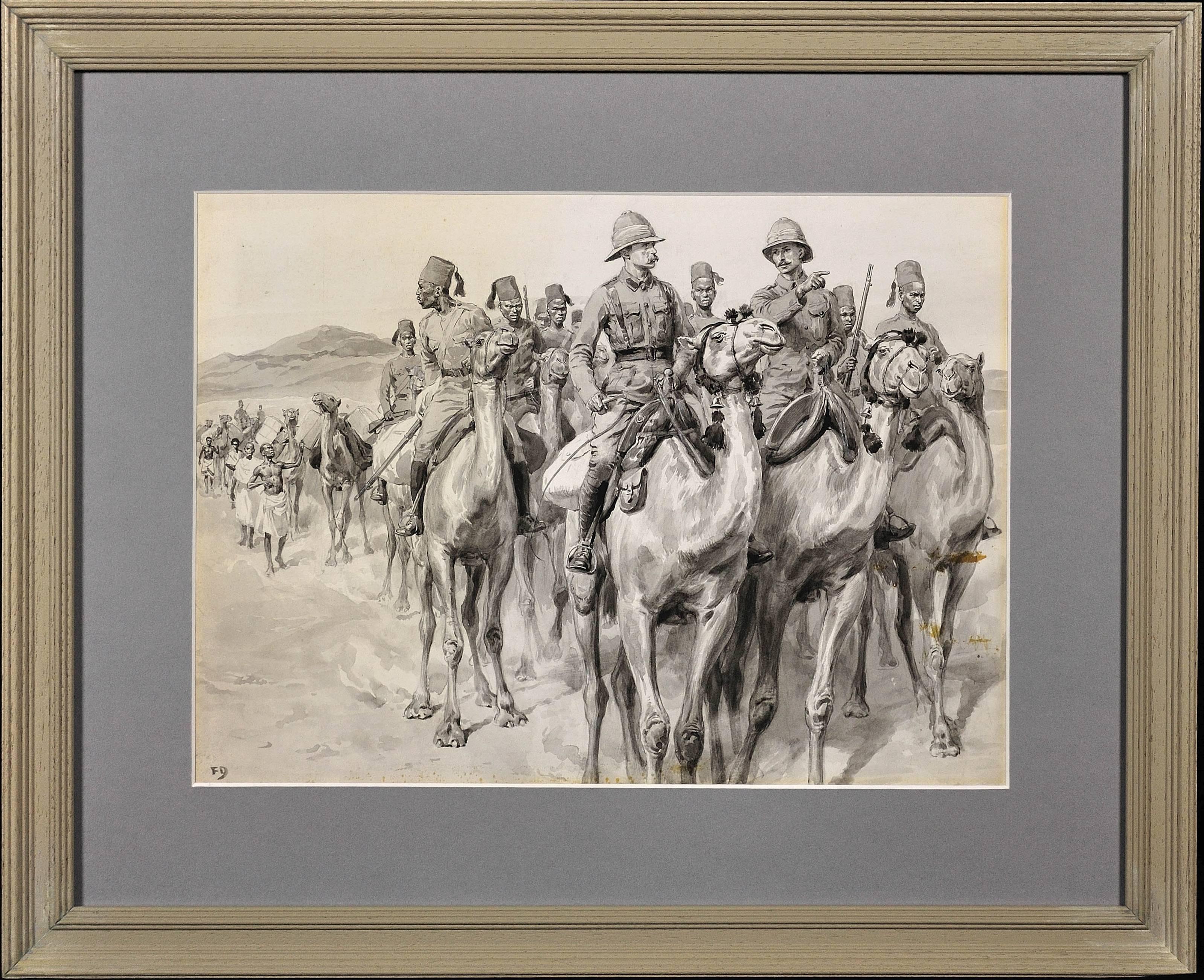 British Army Camel Corps, Sudan, North Africa. Original En Grisaille Watercolor. - Art by Frank Dadd