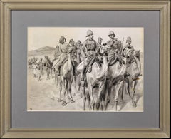 British Army Camel Corps, Sudan, North Africa. Original En Grisaille Watercolor.