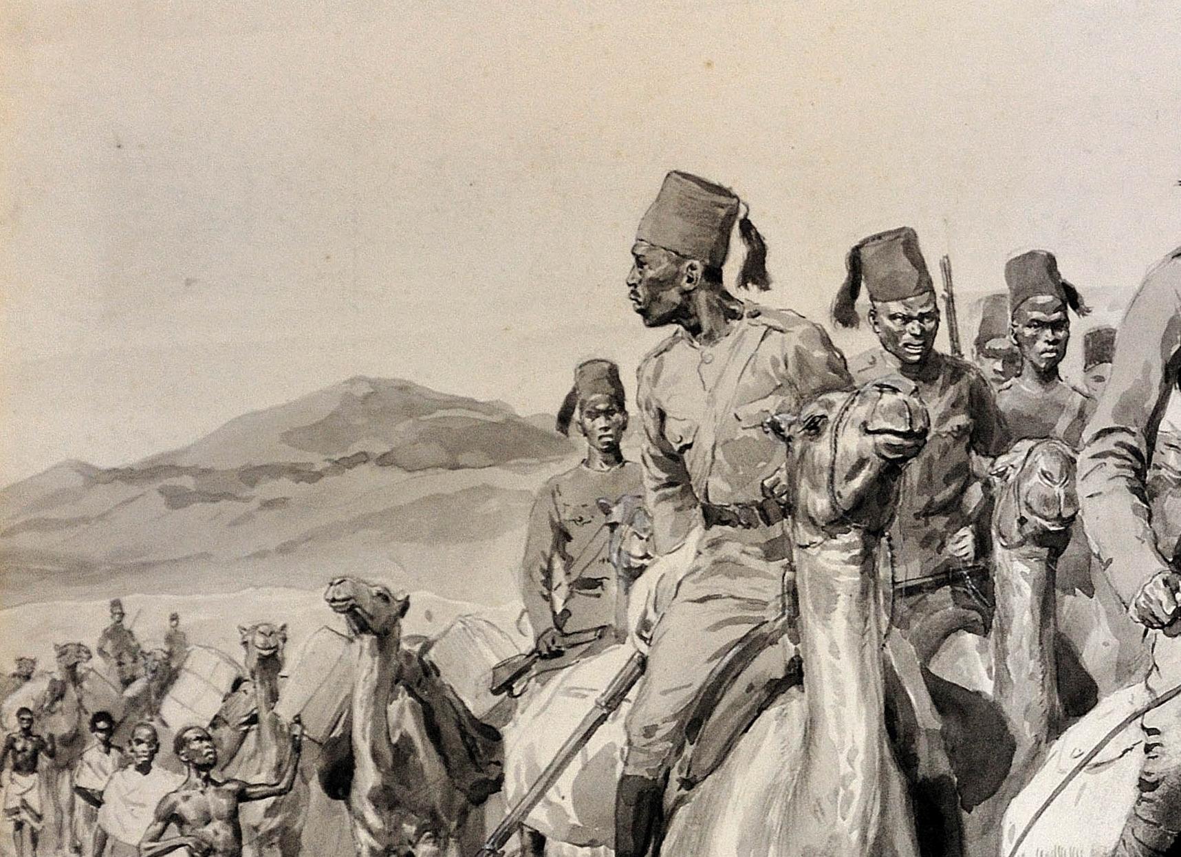 British Army Camel Corps, Sudan, North Africa. Original En Grisaille Watercolor. - Brown Animal Art by Frank Dadd