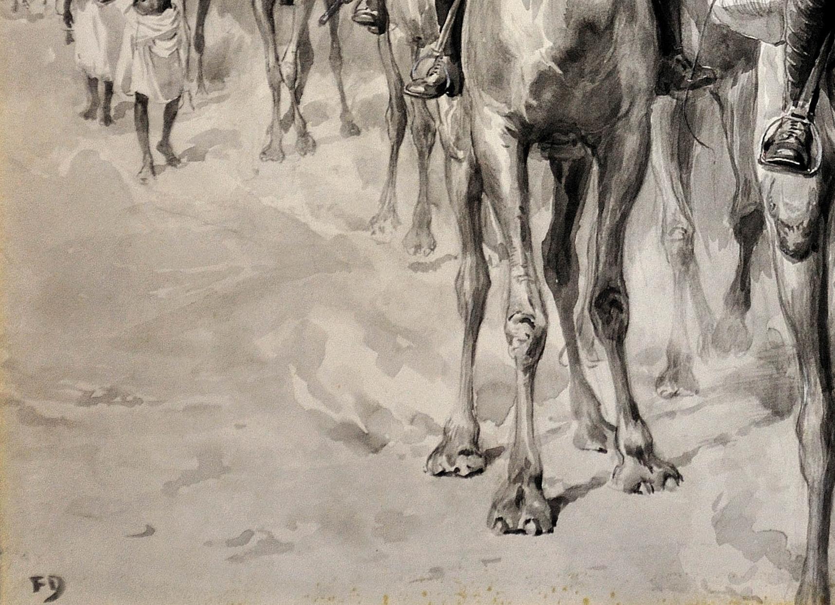 British Army Camel Corps, Sudan, North Africa. Original En Grisaille Watercolor. 1