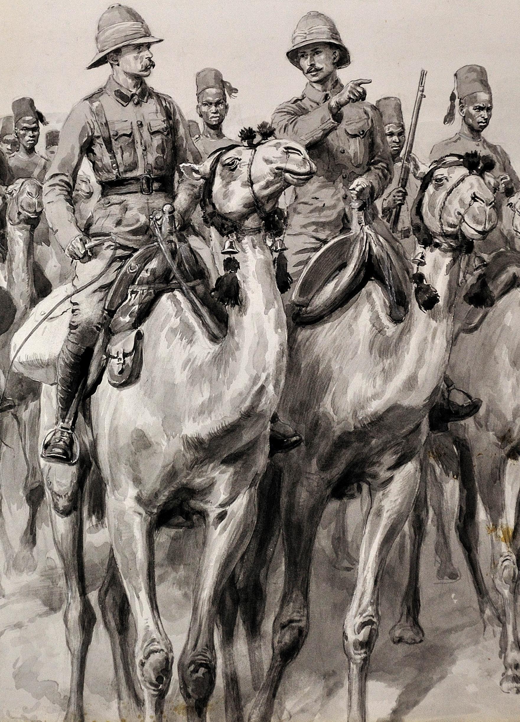 British Army Camel Corps, Sudan, North Africa. Original En Grisaille Watercolor. 5