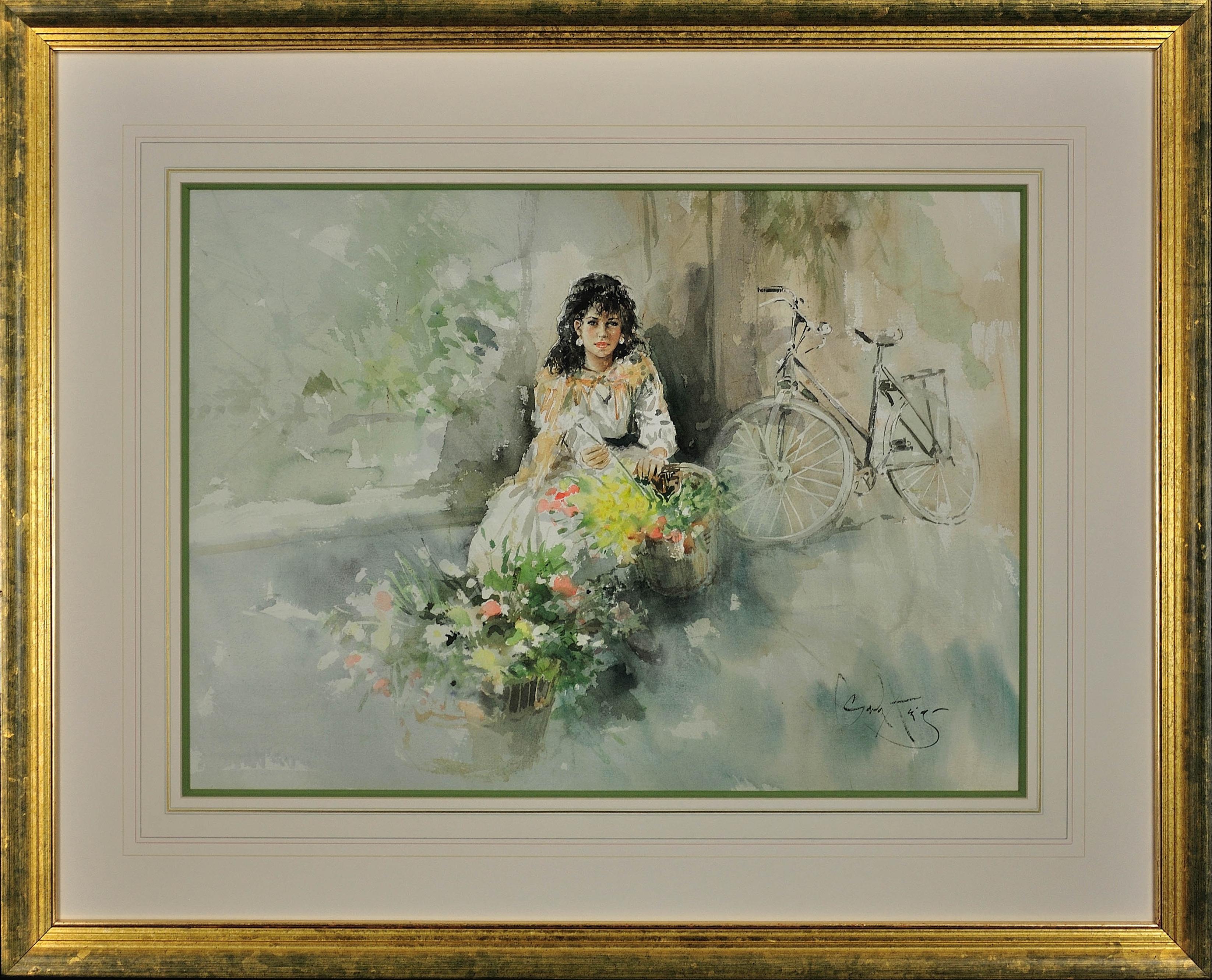 Christina. Original Gordon King Watercolor. Lady Flower Seller. Bicycle. Beauty.