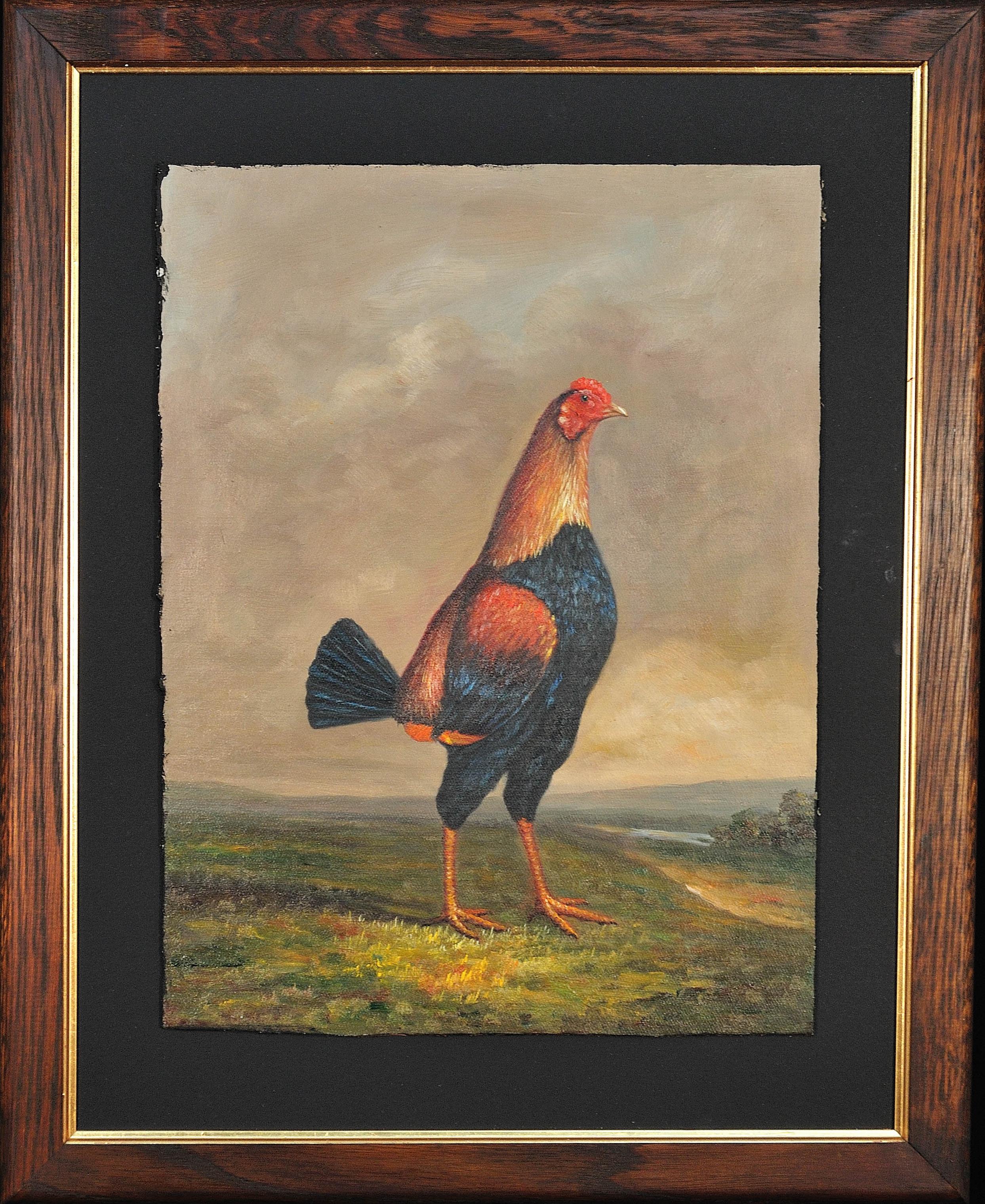 Unknown Animal Painting - Modern Fighting Game Cock.19th Century Oil on Canvas.Rooster.Cockerel.Victorian 