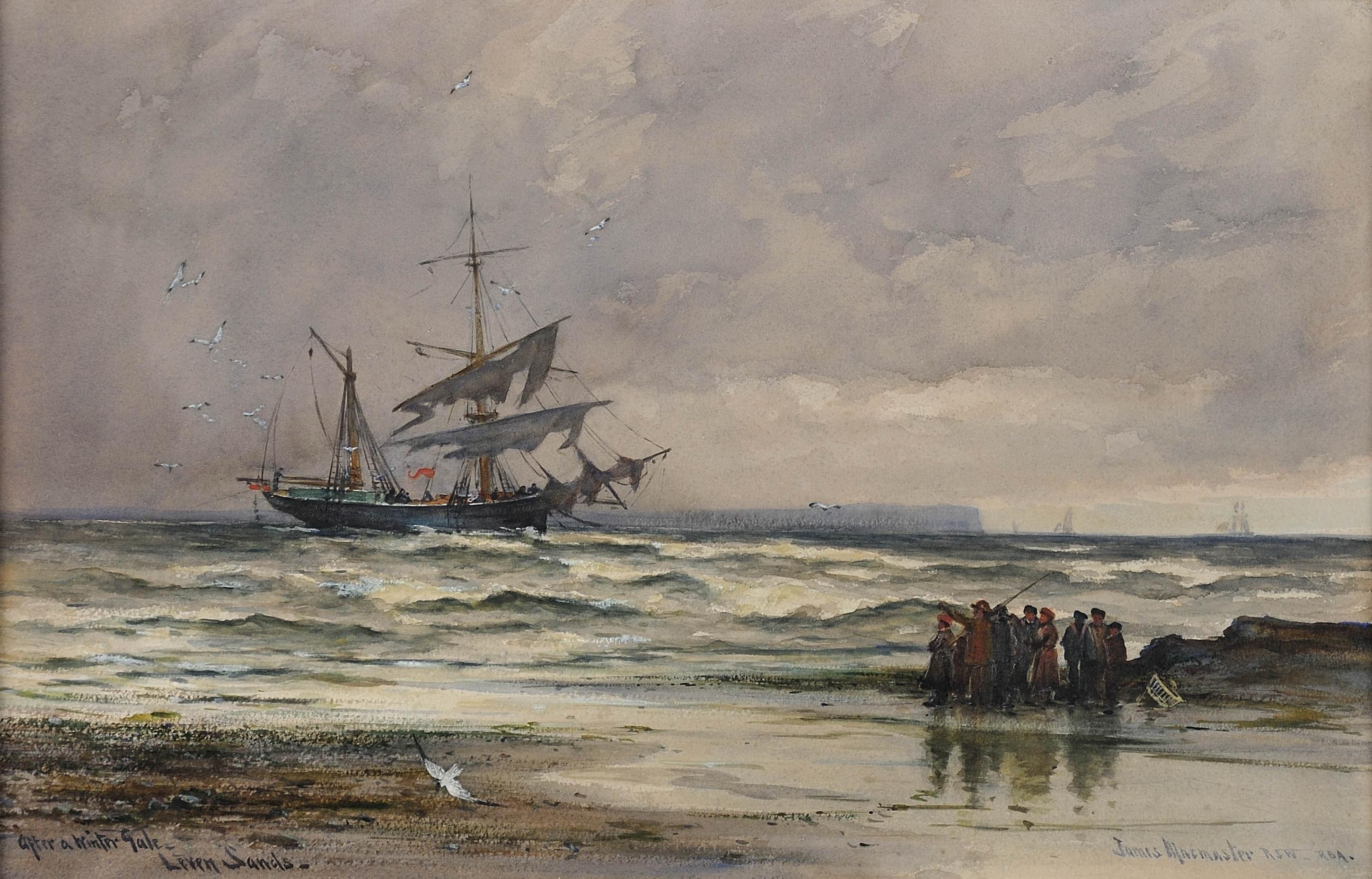 After a Winter Gale, Leven Sands, Fife, Scotland.Original Watercolor circa 1890 - Art by James MacMaster