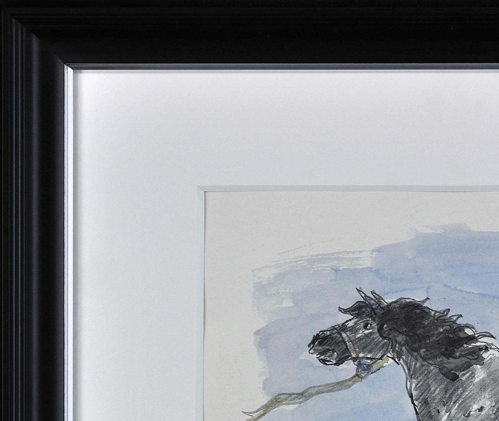 Welsh Pony Refusing to be Lead.Original Watercolor.Modern British.Horse.Kyffin. - Gray Figurative Art by Sir Kyffin Williams