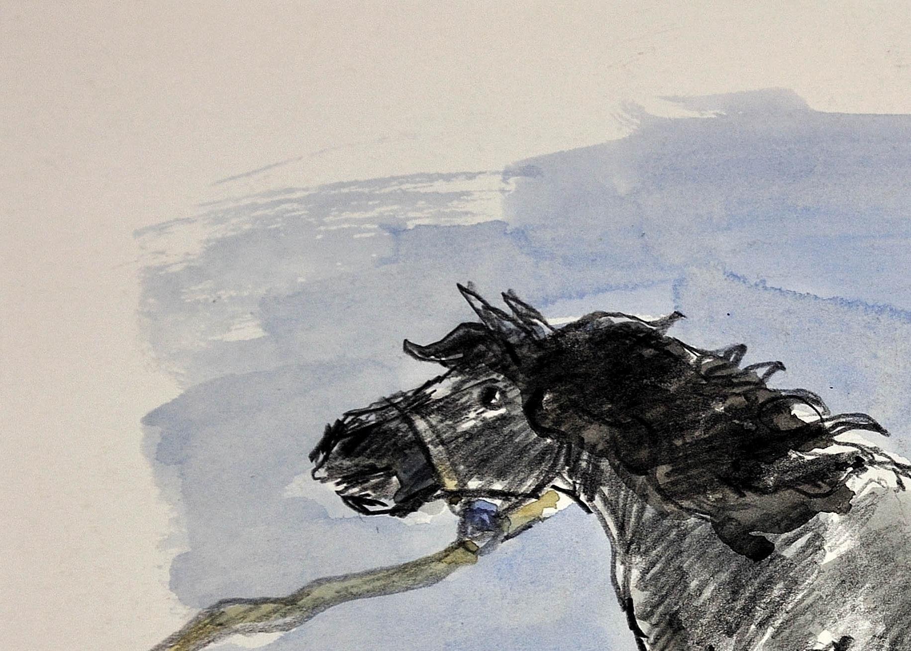 TWO FOR THE PRICE OF ONE - LITERALLY !!
An original pencil and watercolour drawing of a Pony by Sir Kyffin Williams. The paper has another drawing by the artist on the reverse of a farmer standing with a stick by a stone wall.
The watercolour and