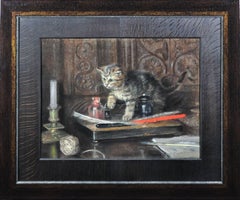 Antique Discovery & Mischief. Tabby Kitten at Play.Original Edwardian Pastel Drawing Cat