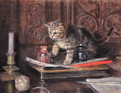 Discovery & Mischief. Tabby Kitten at Play.Original Edwardian Pastel Drawing Cat