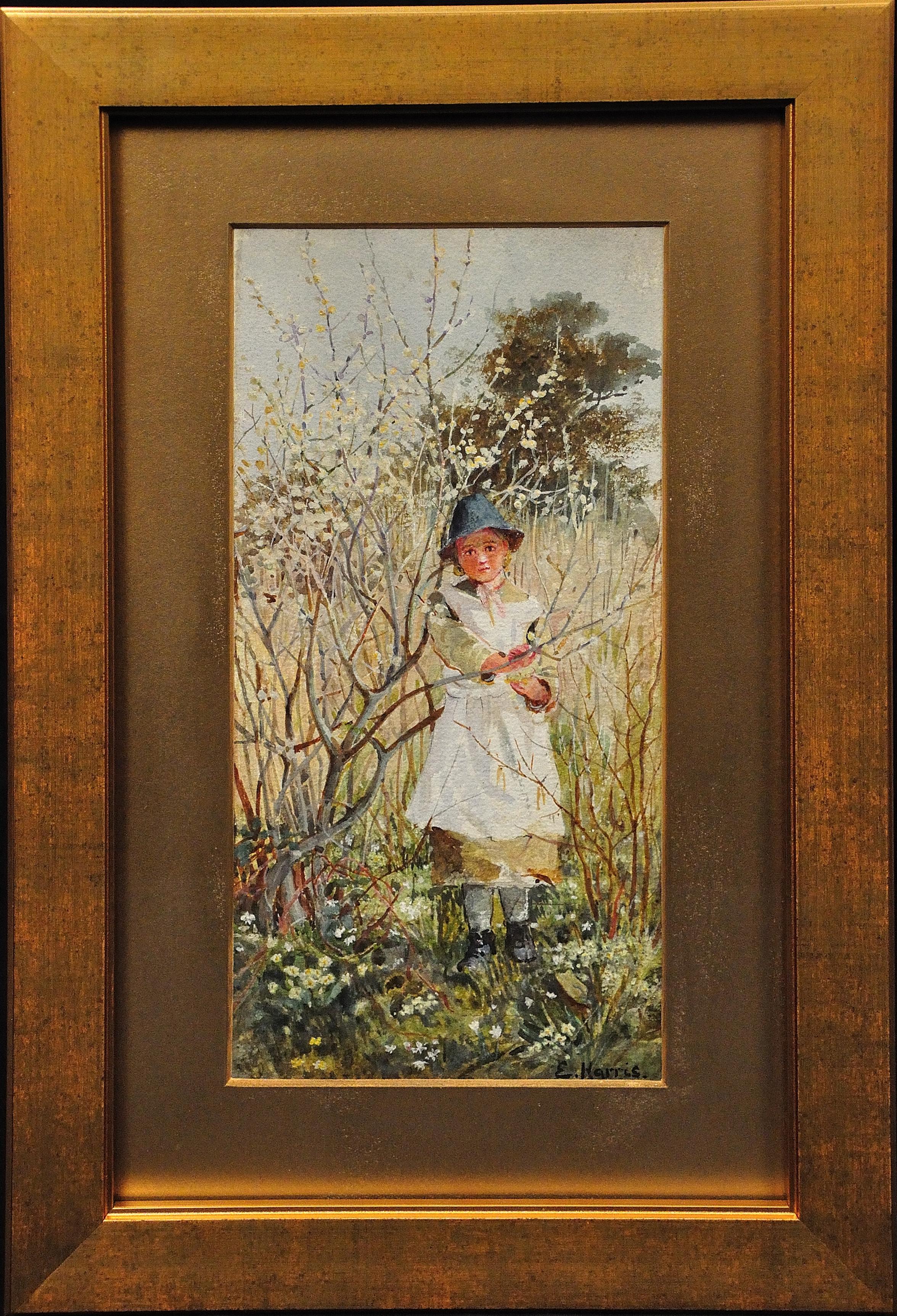 Edwin Harris Figurative Art - Young Child Picking Spring Blossom. Victorian West Country Original Watercolor.