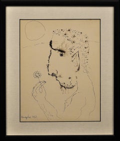 John.Modern British Portrait.Mid-20th Century.Original Ink Drawing. Flower Power
