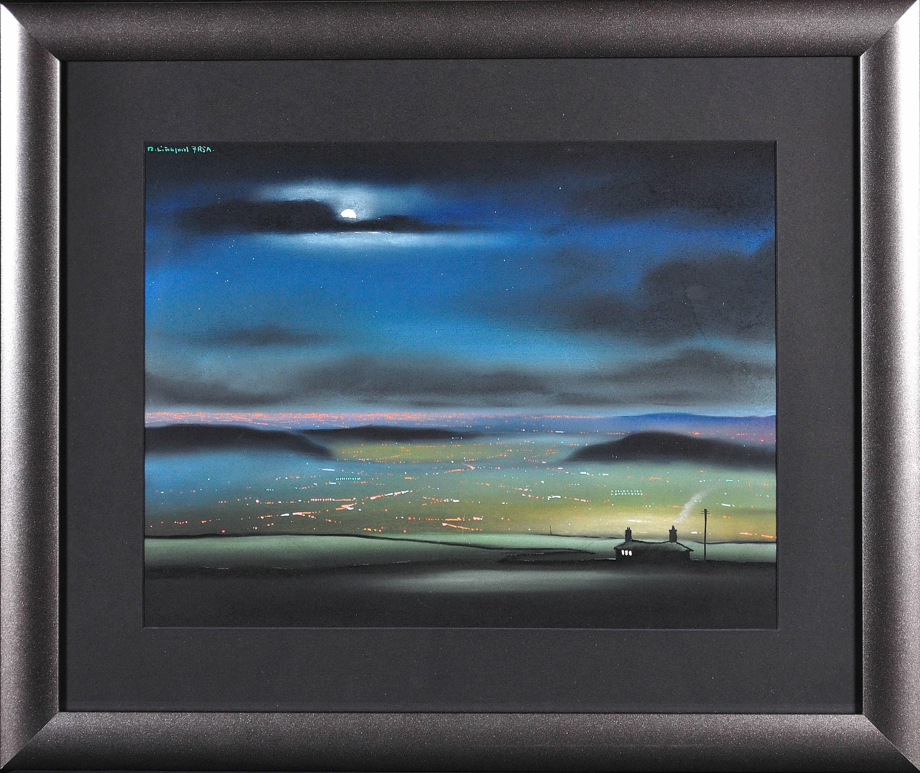 Robert Littleford Landscape Art - Night Time from Saddleworth Moor, Oldham and Manchester beyond. Original Pastel