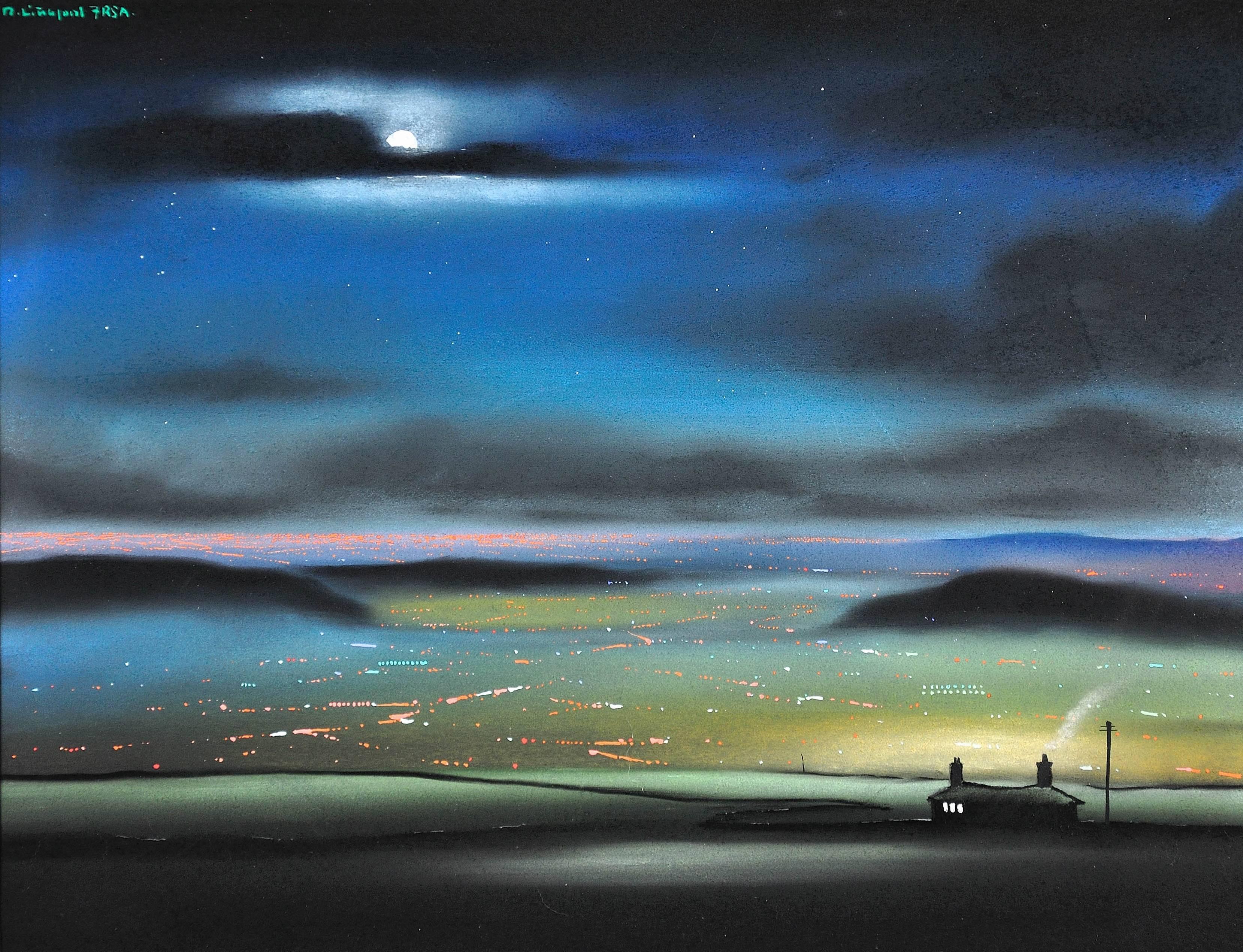 Night Time from Saddleworth Moor, Oldham and Manchester beyond. Original Pastel - Art by Robert Littleford