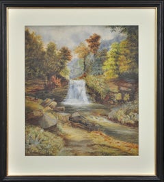 Waterfall in an Upland Landscape. Victorian. Watercolor. Mountain River. Stream.