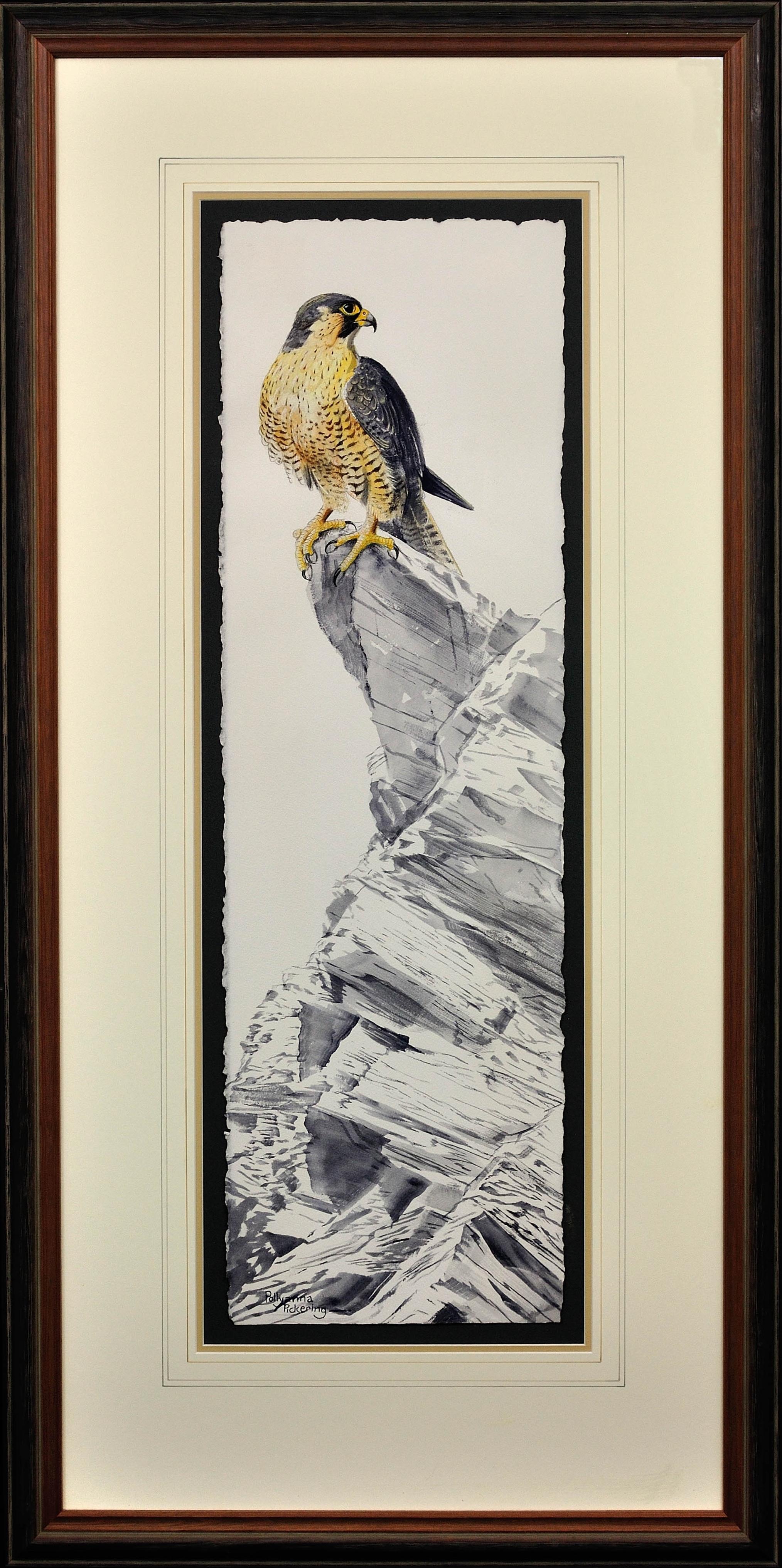 Pollyanna Pickering Animal Art - Gray Phase Gyrfalcon. Bird of Prey. Long Rectangular Portrait. Grey Plumage.