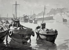 Low Tide, Mevagissey, Cornwall.Original En Grisaille Watercolour Painting.Marine