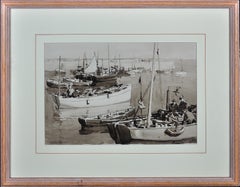 Harbour Jetty, Mevagissey, Cornwall. Original En Grisaille Watercolor. Marine
